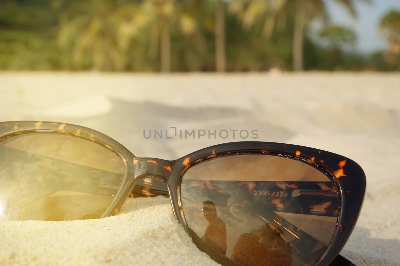 The concept of beach holidays and travel. Brown sunglasses on the sand on the beach, sunlight, place for text.