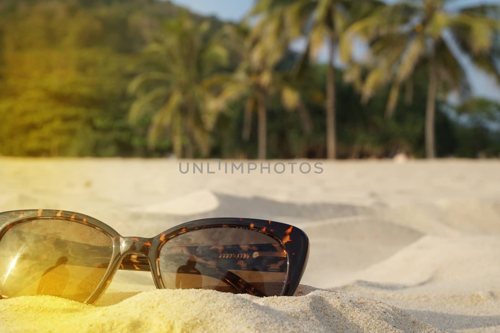 The concept of beach holidays and travel. Brown sunglasses on the sand on the beach, sunlight, place for text.