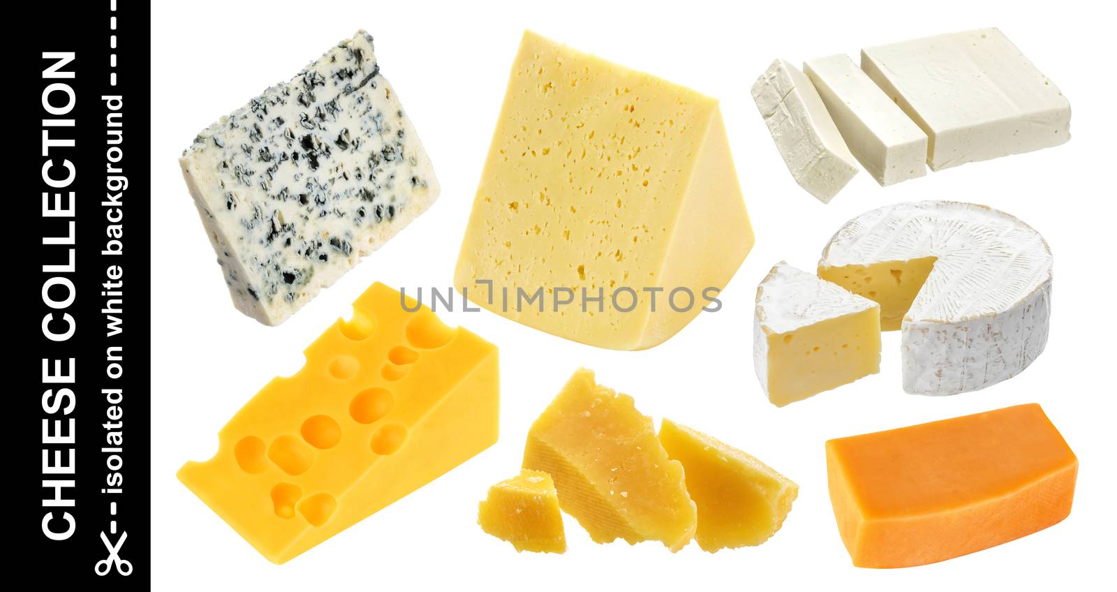 Various types of cheese isolated. Cheddar, parmesan, emmental, blu cheese, camembert, feta on white background by xamtiw