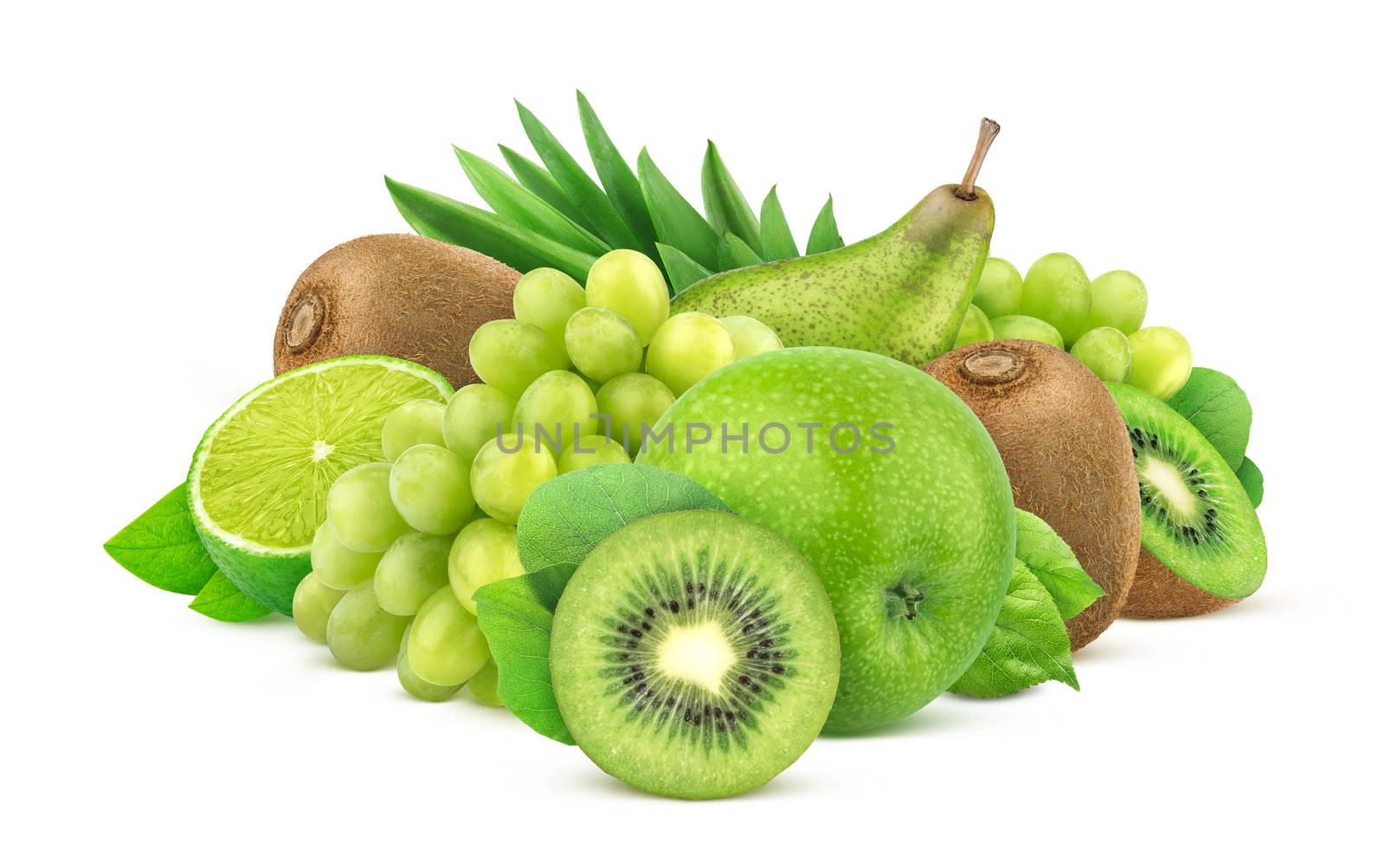 Heap of green fruits and berries isolated on white background with clipping path