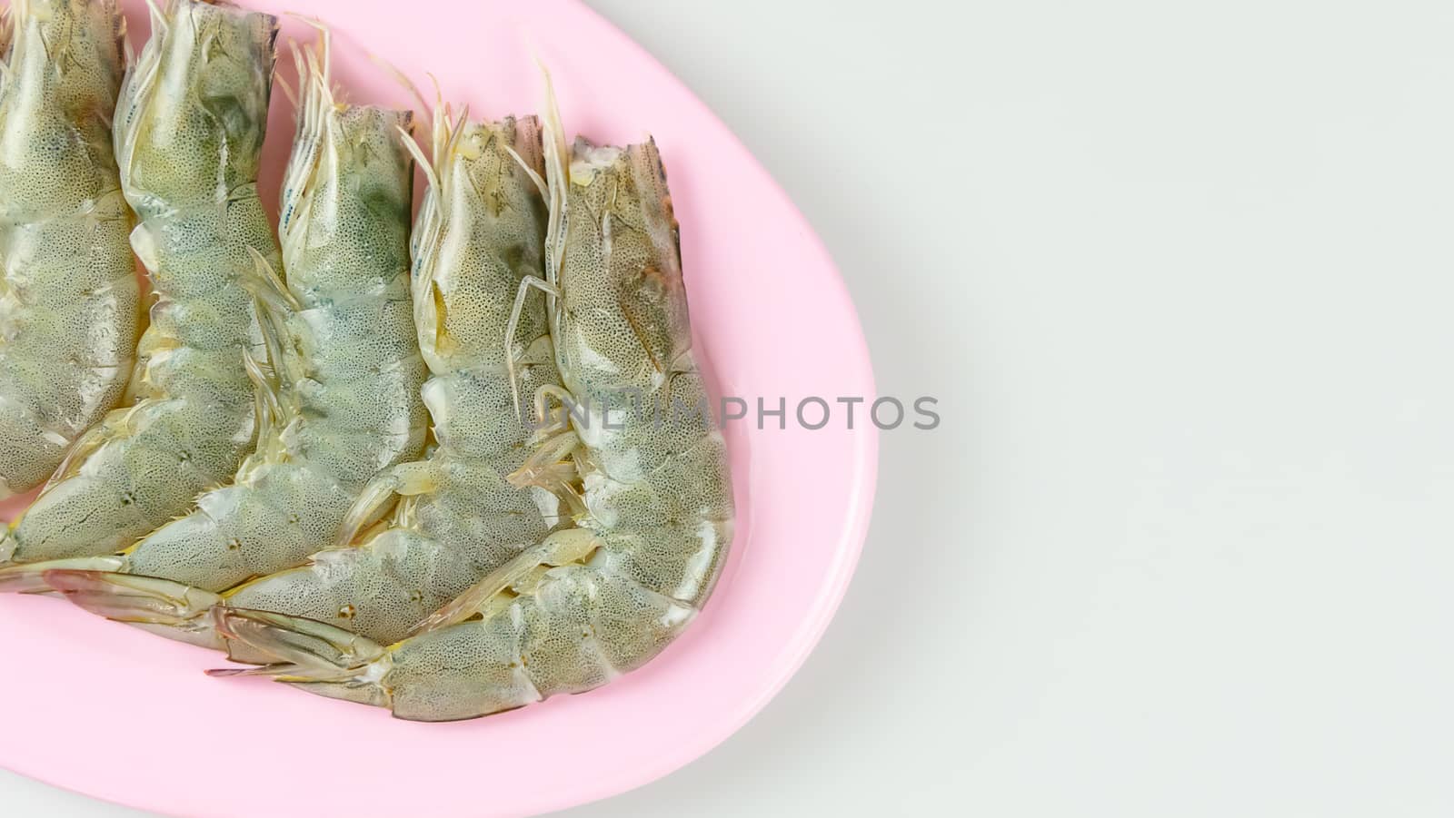 top view raw prawn on pink dish over white background