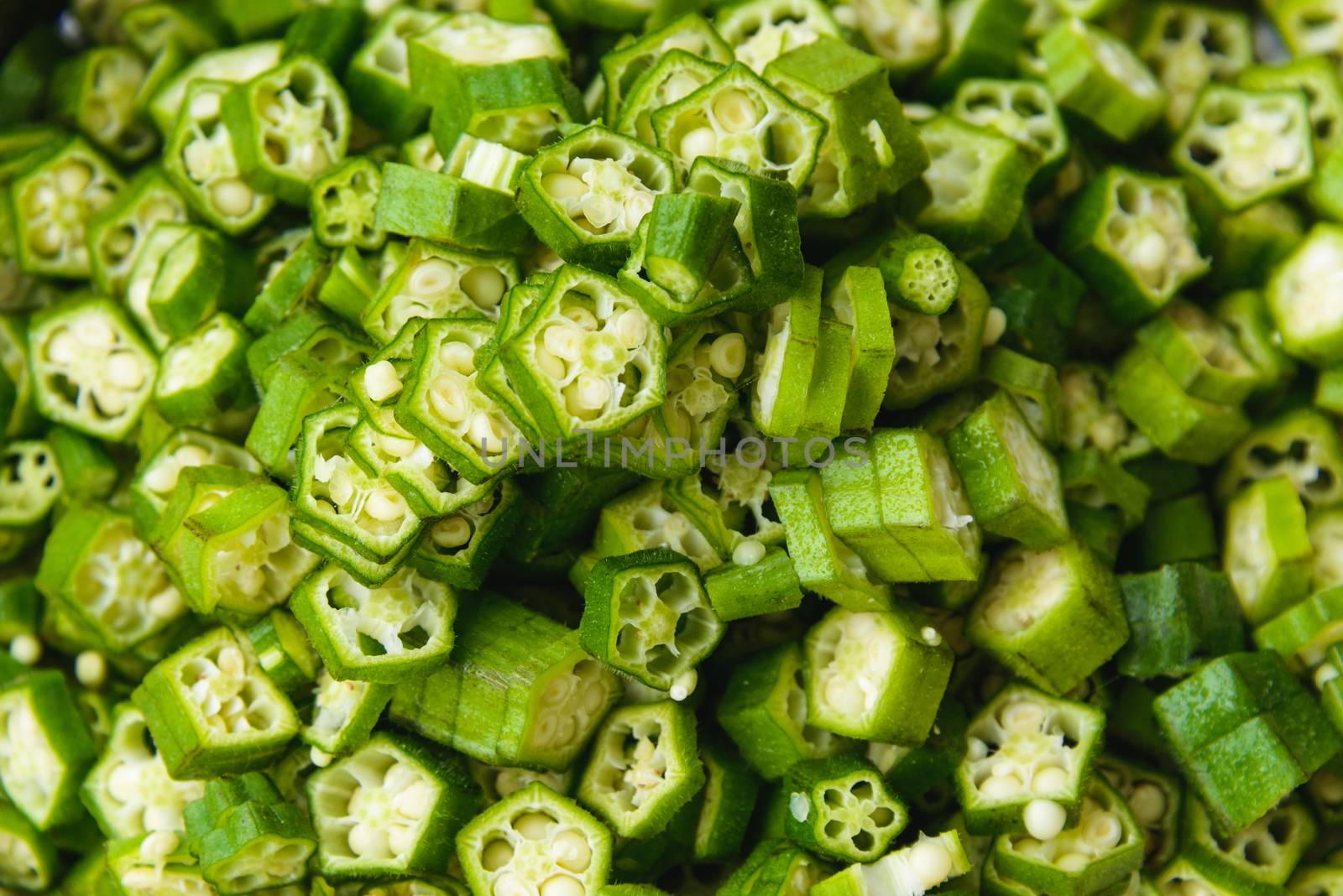 Closeup of cut okras. Okras are also known as ladies fingers.