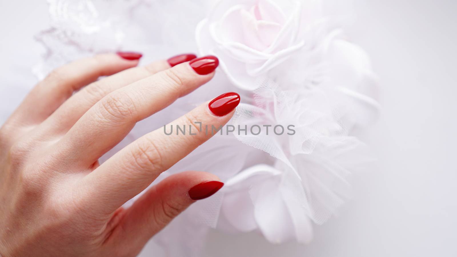 Beautiful female hand with red nails against the background of a white wedding bouquet