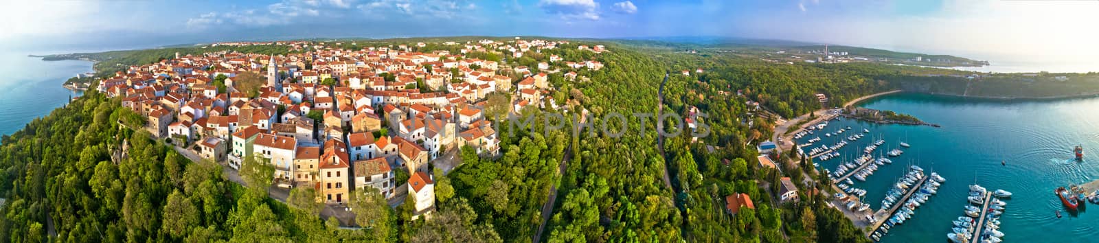Town of Omisalj on Krk island aerial panorama, Kvarner bay of Croatia