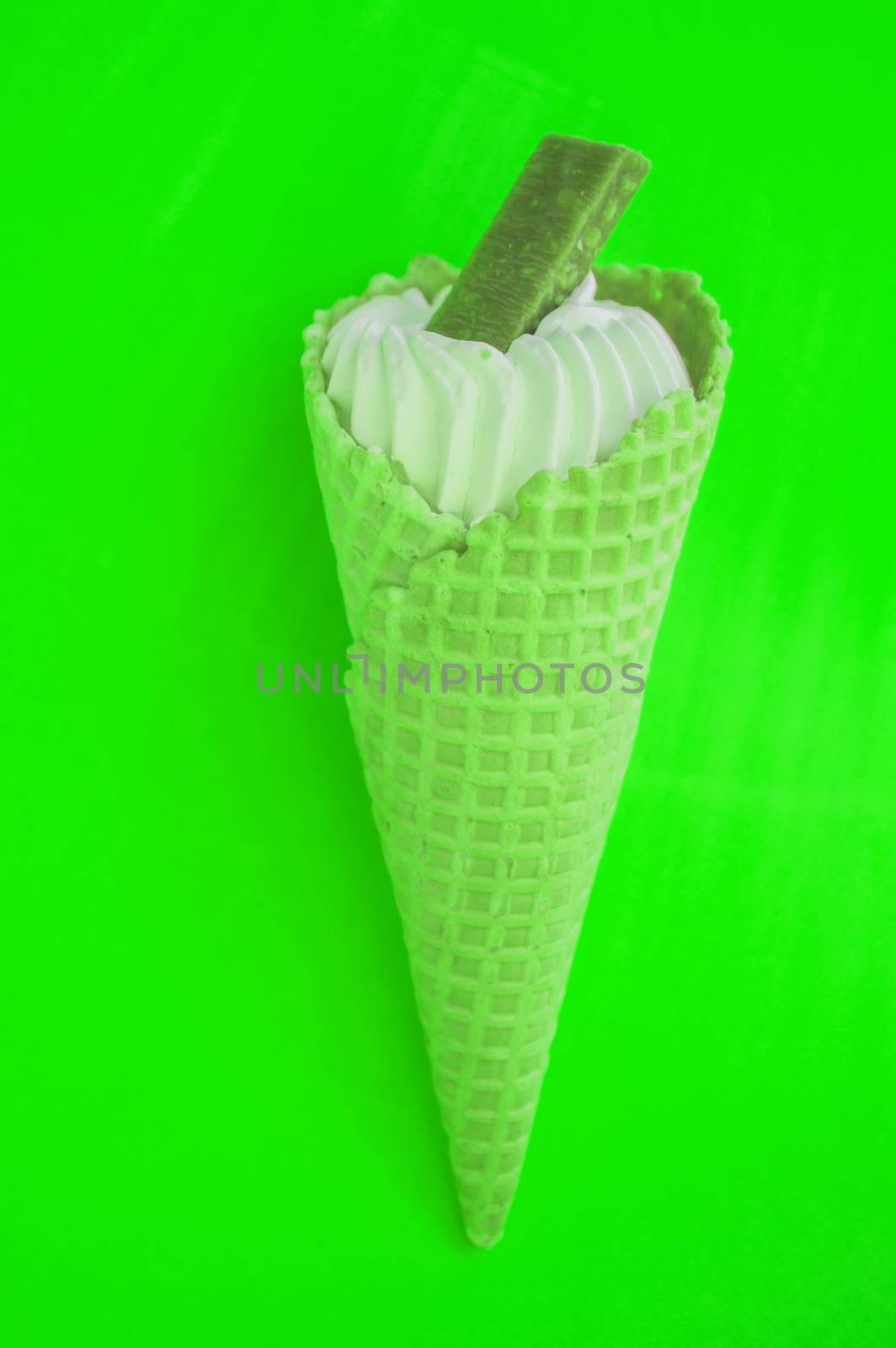 Ice cream CONE NEON COLORS pop art art Flatley, bright green background.