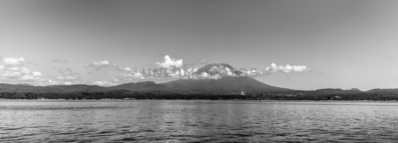 Agung volcano view from the sea. Bali island, Indonesia. Black and white image.