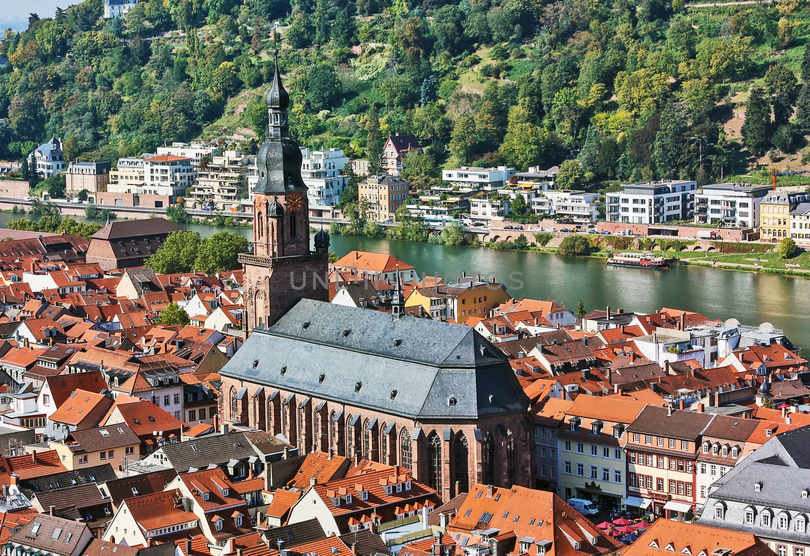 Situated on the banks of the river Neckar, Heidelberg is one of Germany’s most beautiful towns. Top view of the Heidelberg