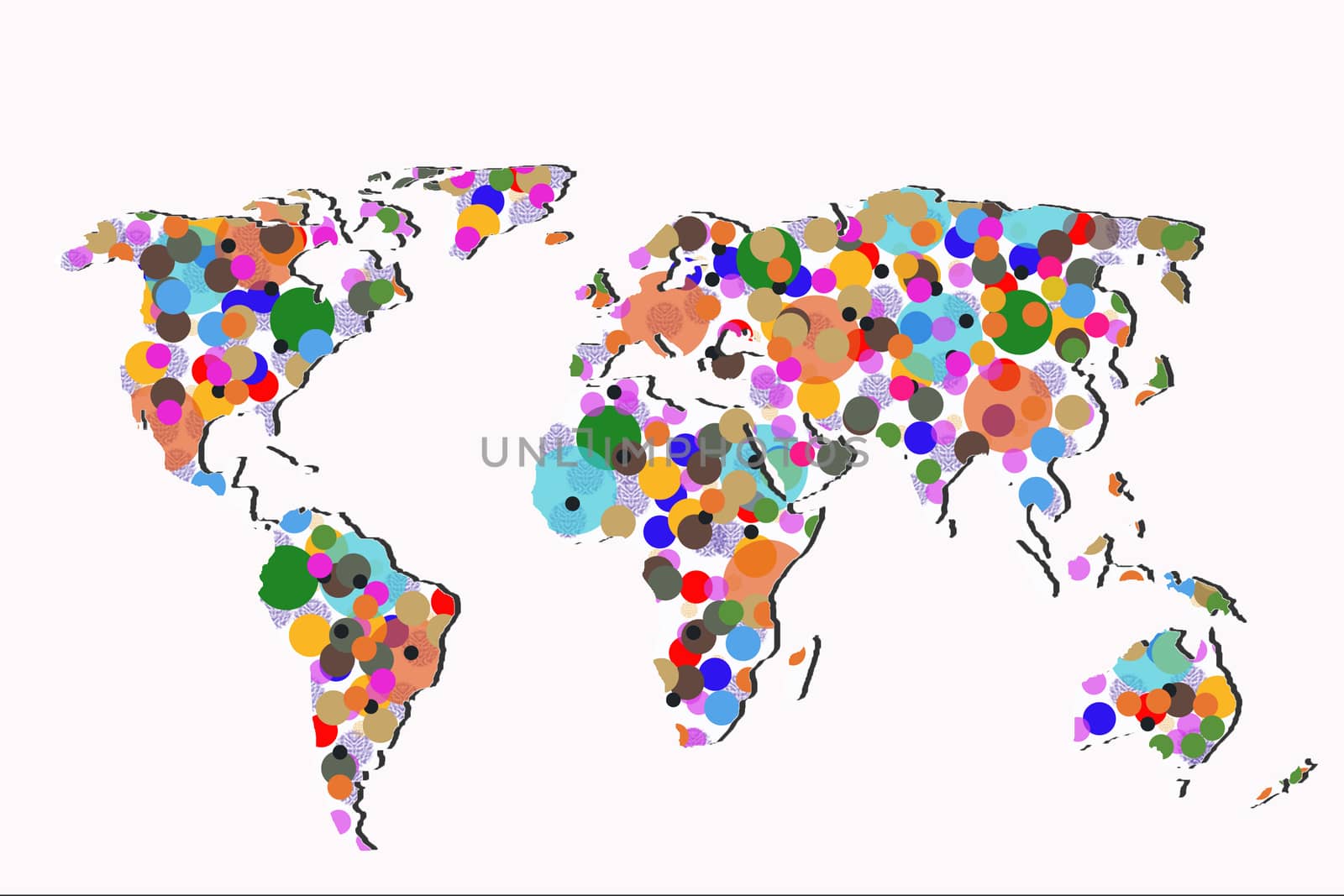 Roughly outlined world map with a colorful background patterns