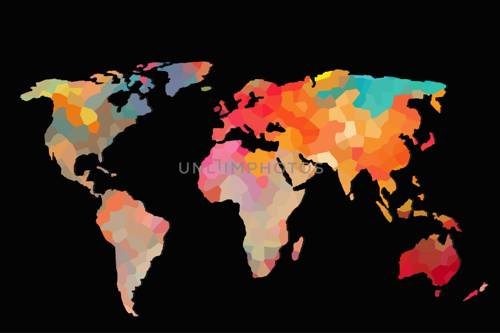 Roughly outlined world map with a colorful background patterns