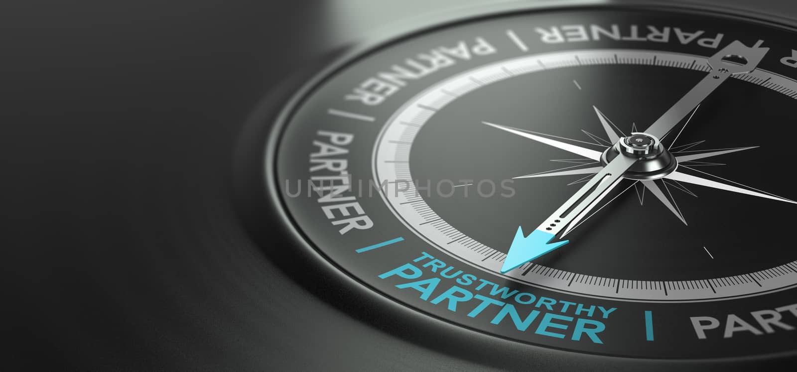 3D illustration of a compass with needle pointing the phrase trustworthy partner over black background. Concept of trusted business partnership.