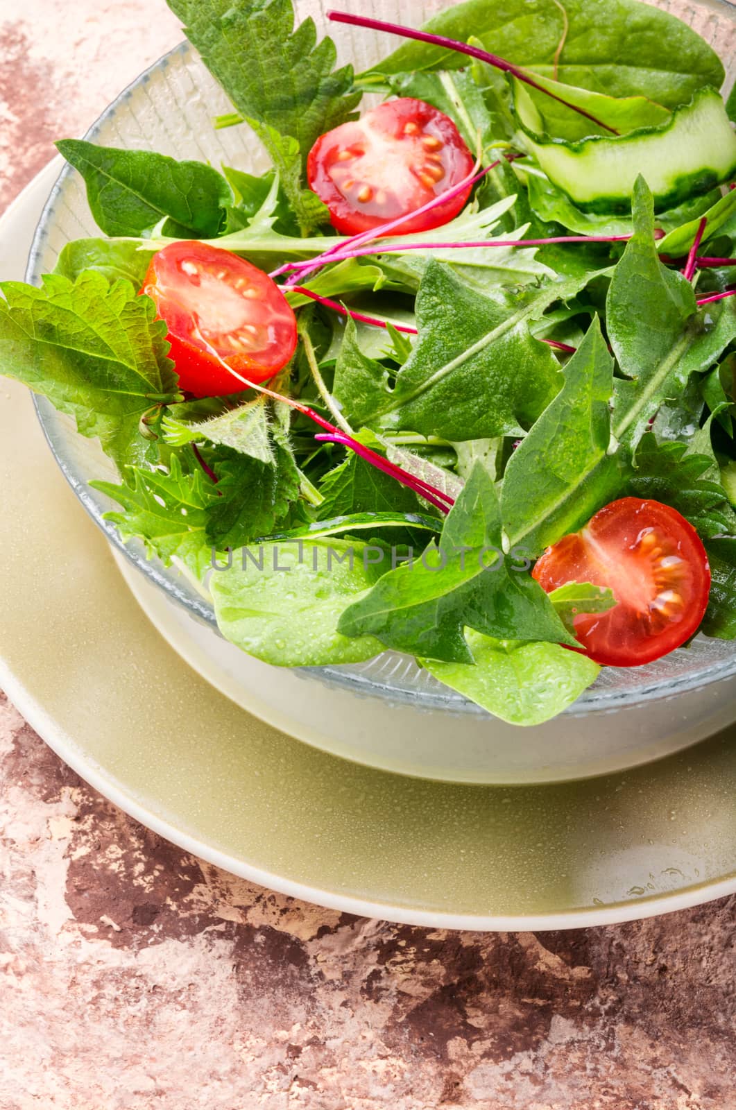 Healthy vegetable salad of fresh tomato, cucumber, herb and lettuce