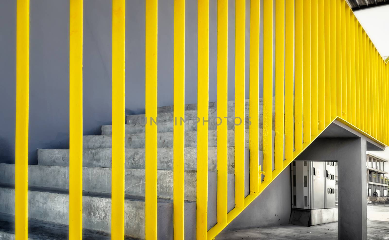 Painted Yellow Guard Rails on a Staircase. by seika_chujo