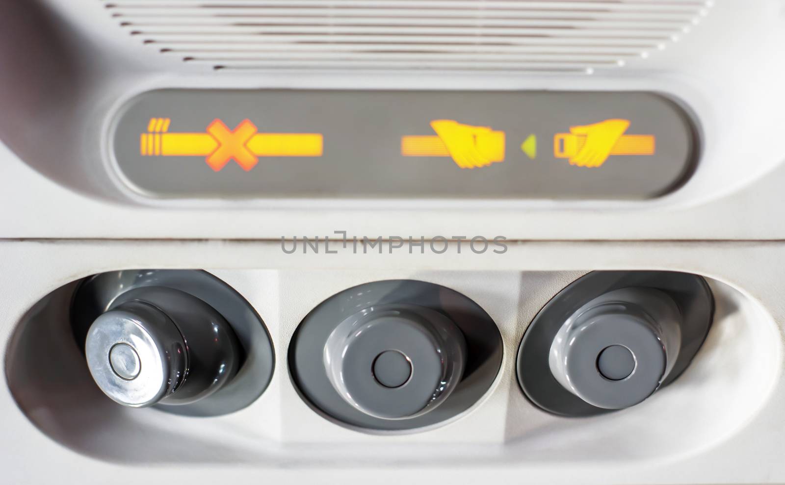 Control panel for air conditioning, with the indication of smoking ban and to keep the safety belts fastened inside a flight cabin of an airplane