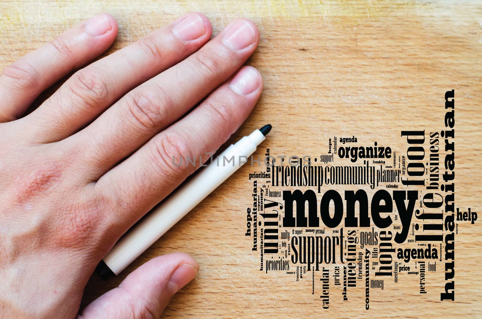 Money word cloud business concept over wooden background