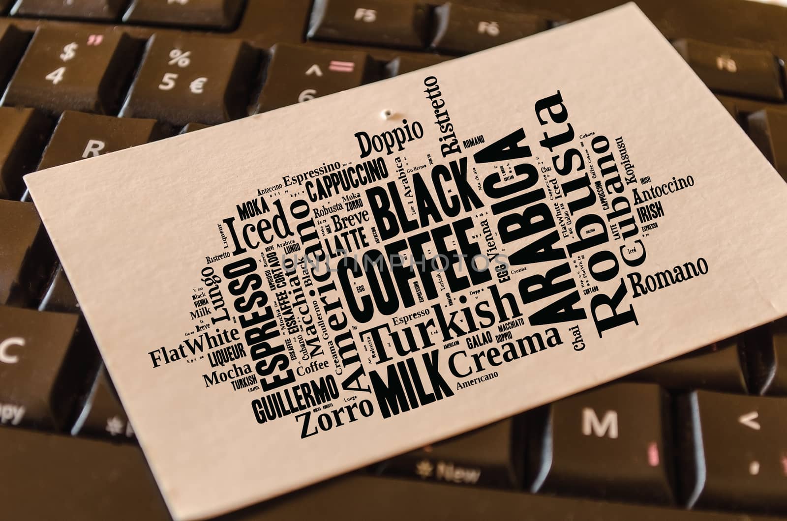 Coffee drinks words cloud collage over keyboard background