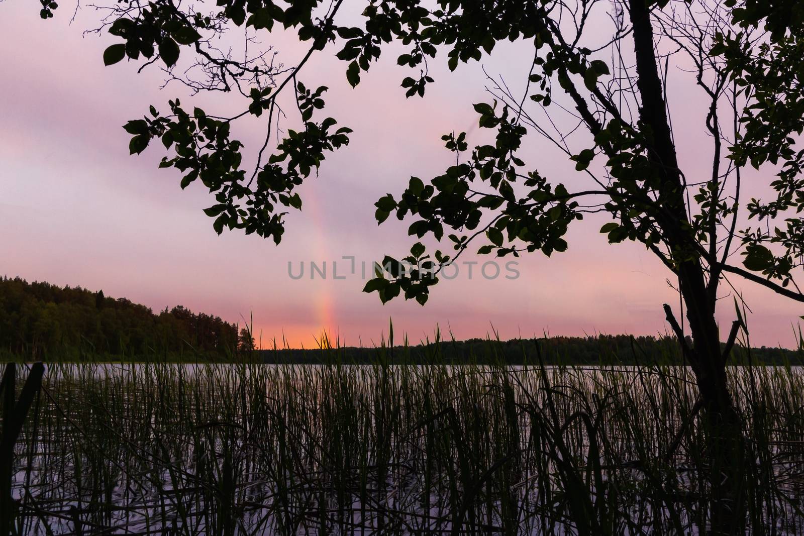 Rainbow over the lake at sunset by galsand