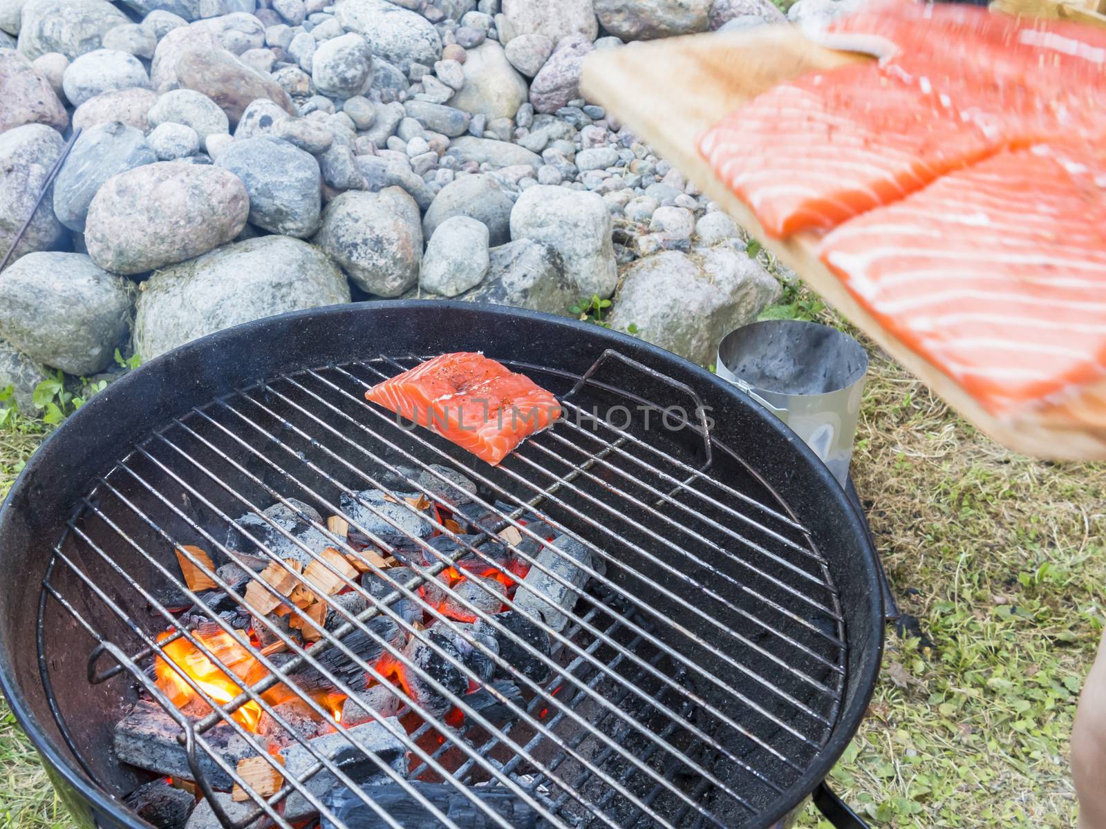 Cooking fresh salmon steak on the grill, outdoors in summer by galsand