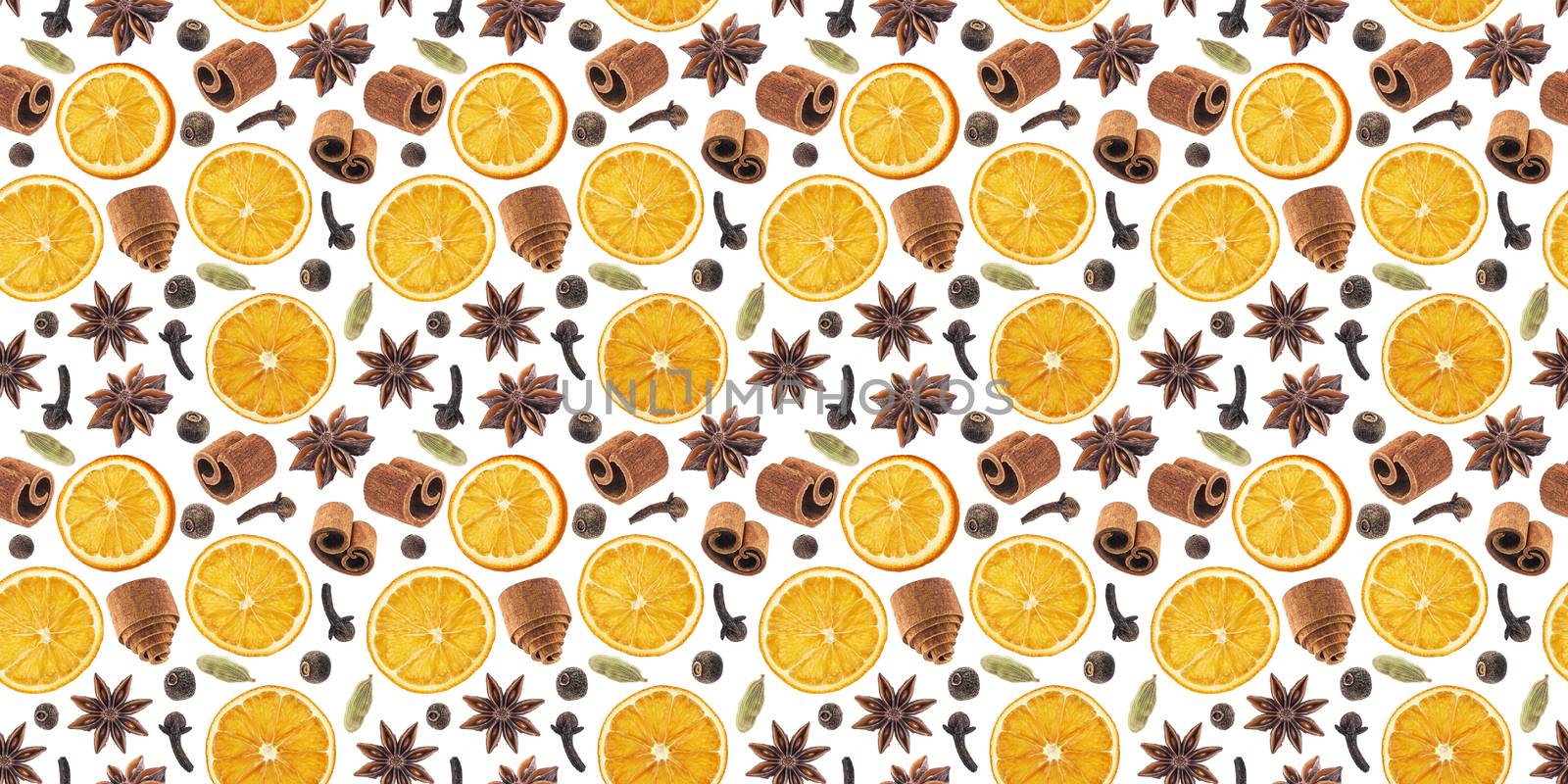 Seamless pattern of christmas spices for decoration. Ingredients for mulled wine isolated on white background.