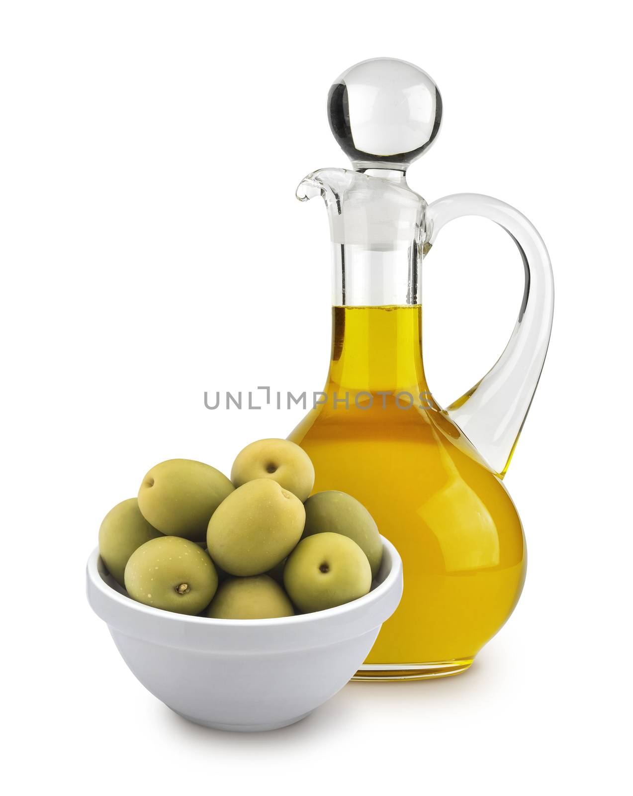 Olive oil and green olives isolated on white background by xamtiw