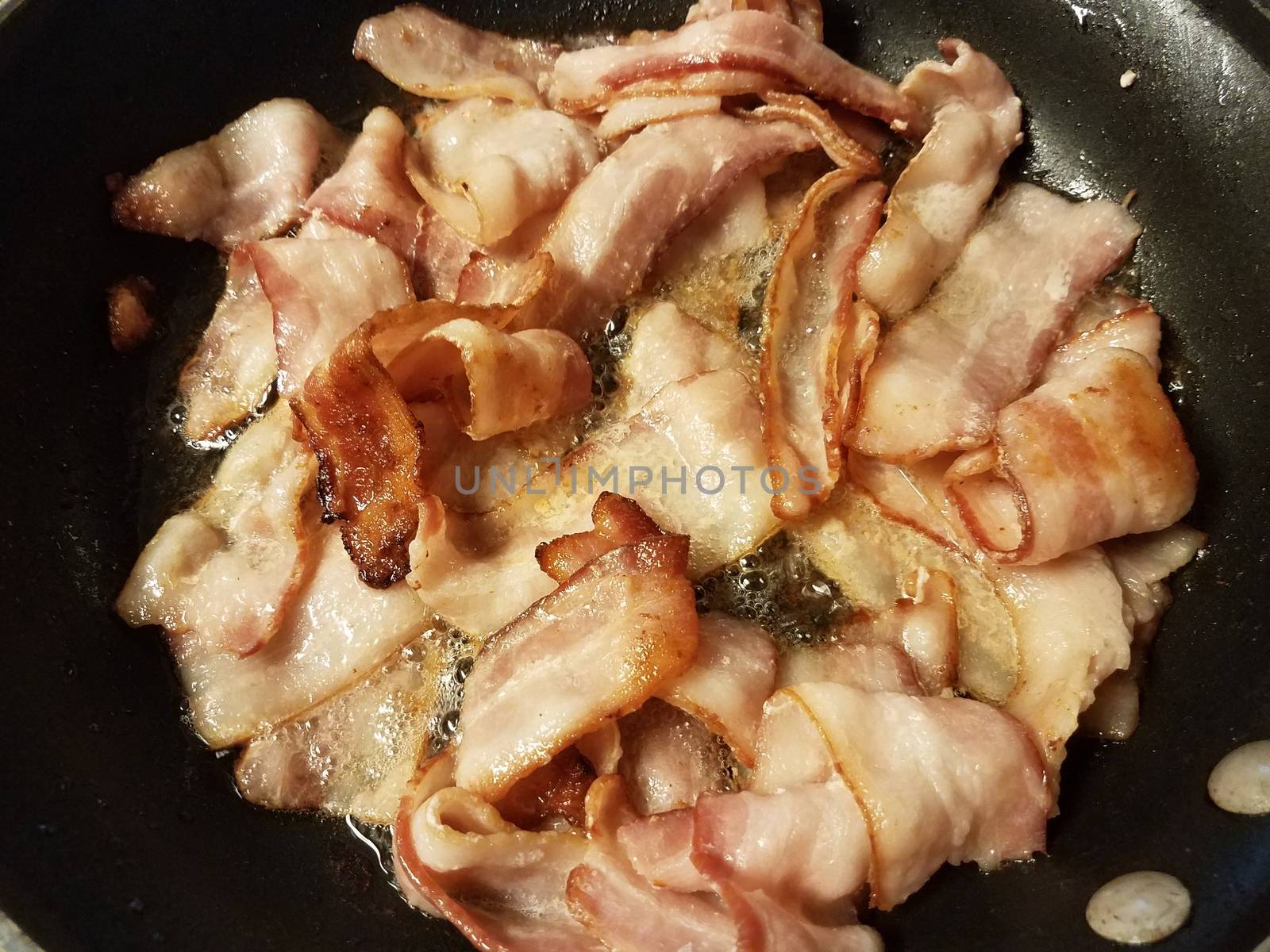 greasy bacon cooking in frying pan or skillet on stove