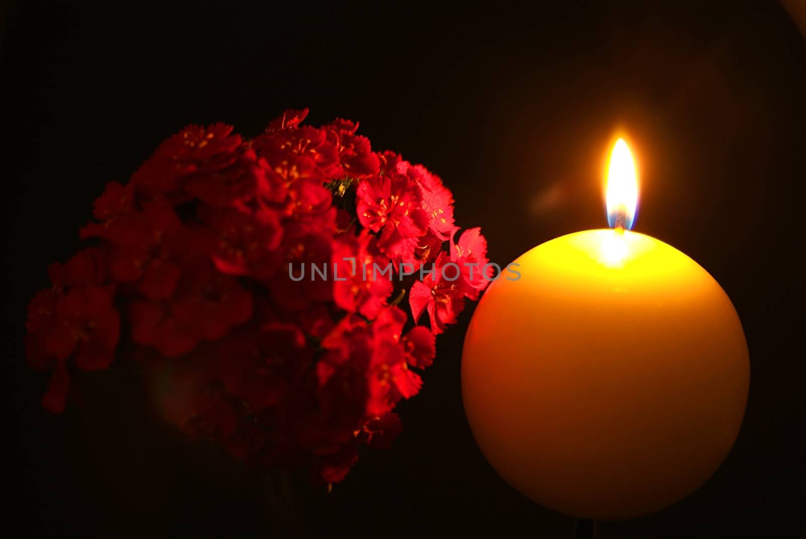 Prayer and hope concept. Retro candle light and red flower with lighting effect and glitter abstract background with bokeh defocused lights.