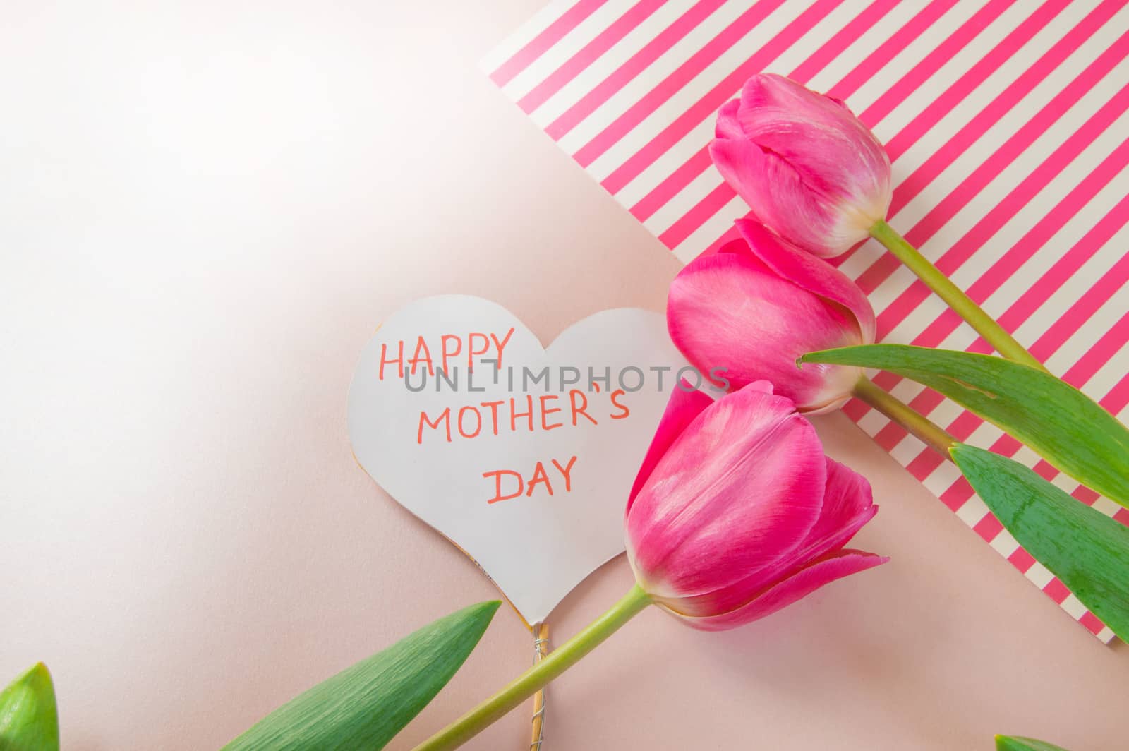 Flat lay composition with flowers and heart for mother's Day, greeting for women. Red tulips on pink background.