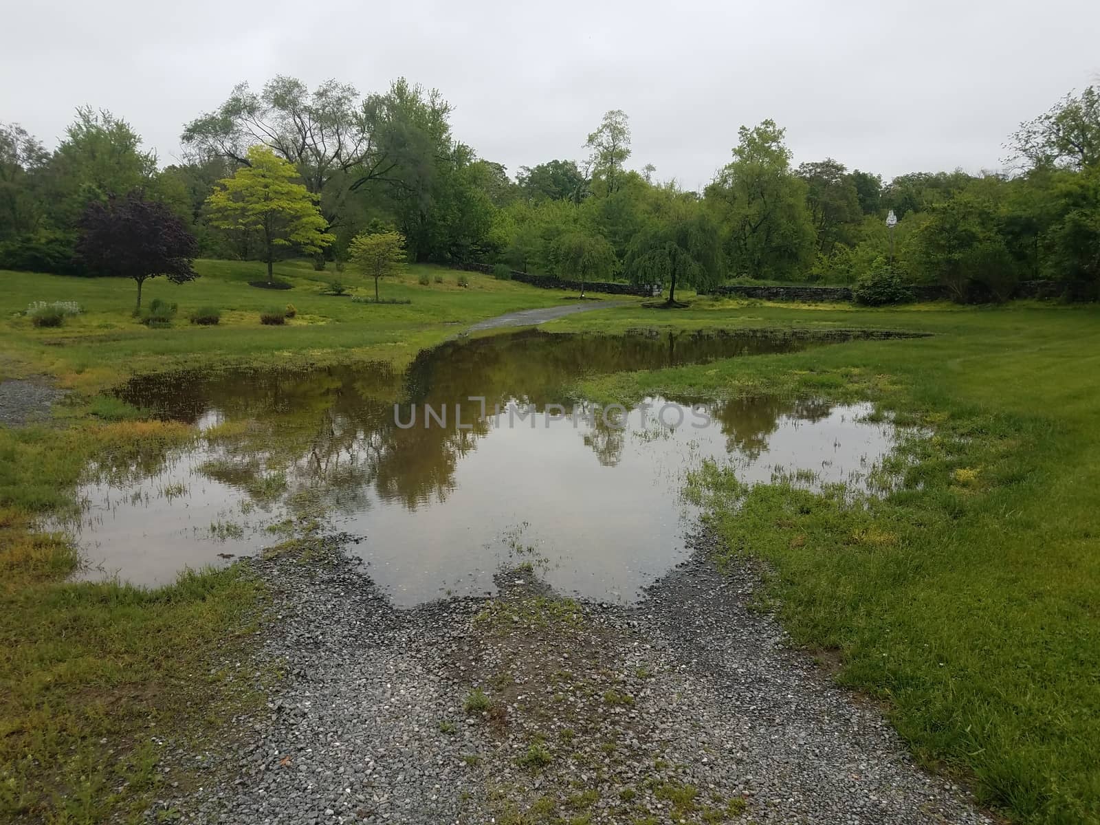 water puddle on flooded gravel path or trail by stockphotofan1