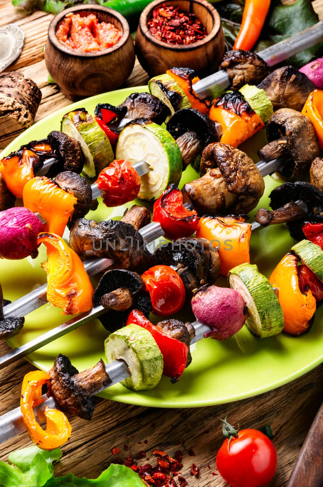 Grilled vegetable shish kebab with peppers, mushrooms, and onions