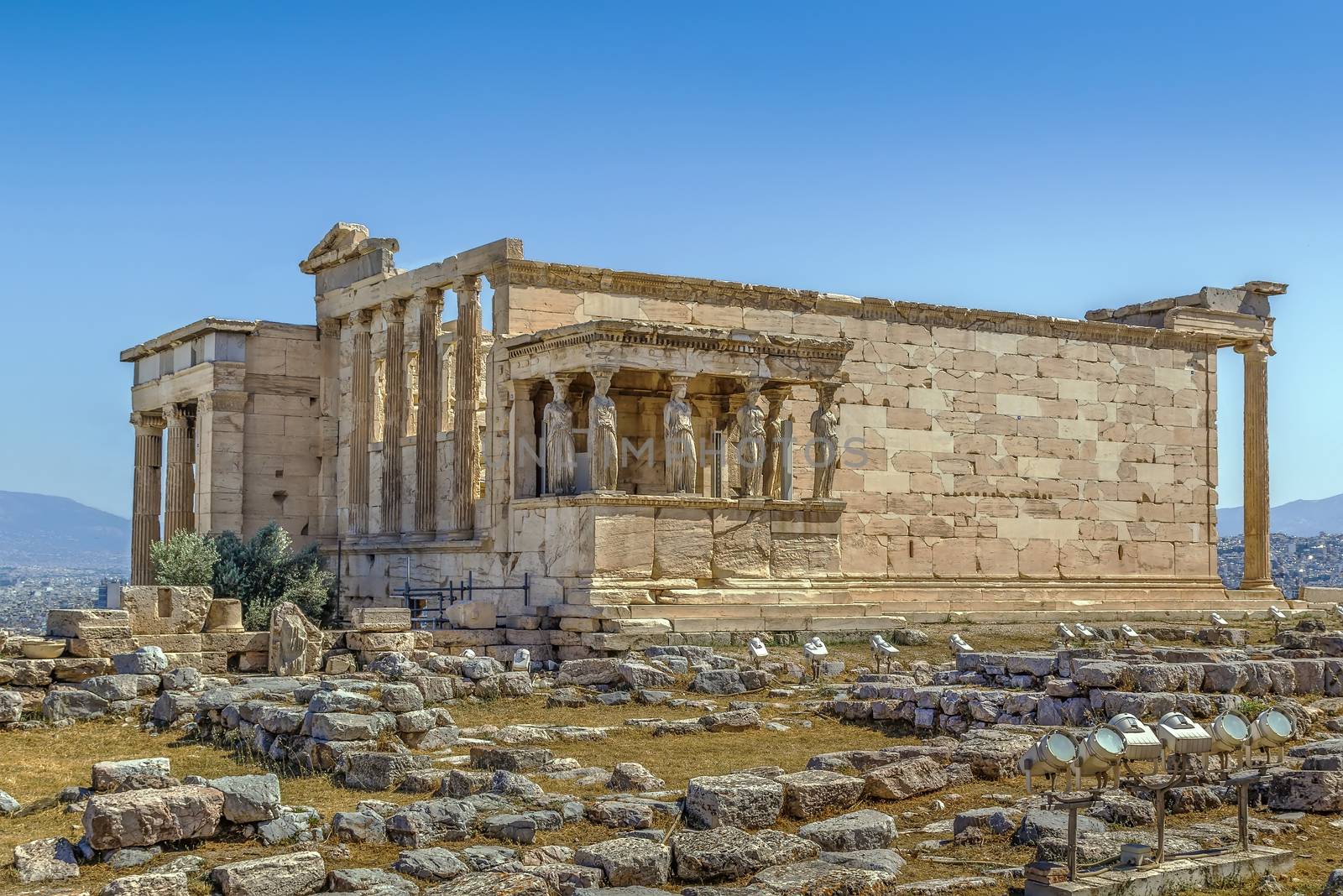 The Erechtheion is an ancient Greek temple on the north side of the Acropolis of Athens in Greece which was dedicated to both Athena and Poseidon.