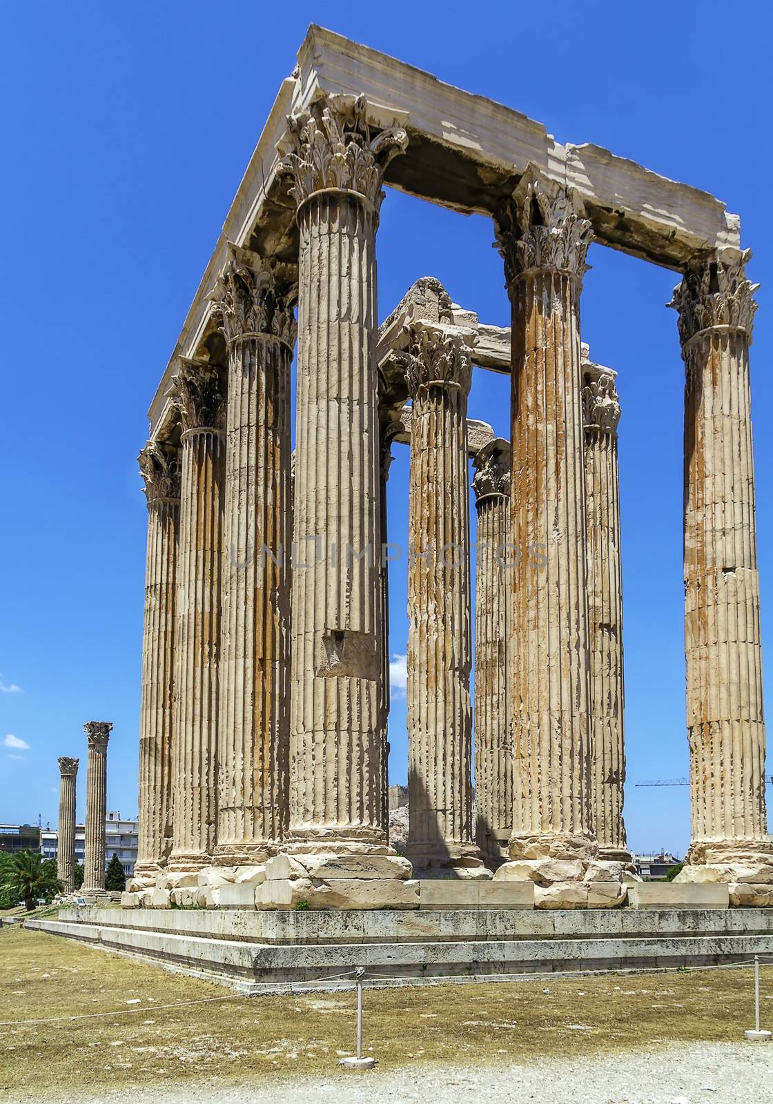 The Temple of Olympian Zeus is a colossal ruined temple in the centre of the Greek capital Athens that was dedicated to Zeus