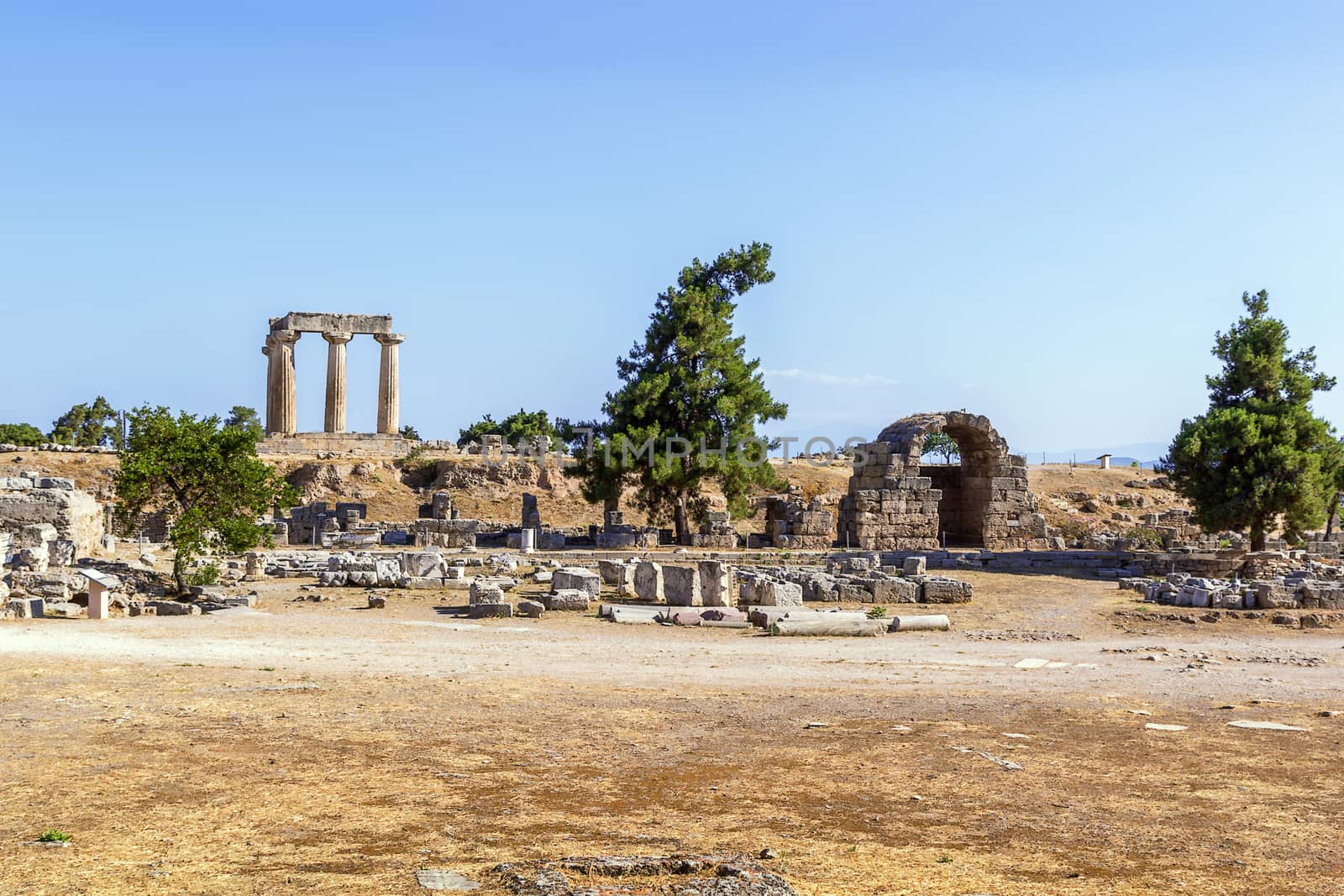 The ruins of the Temple of Apollo in ancient Corinth, Greece