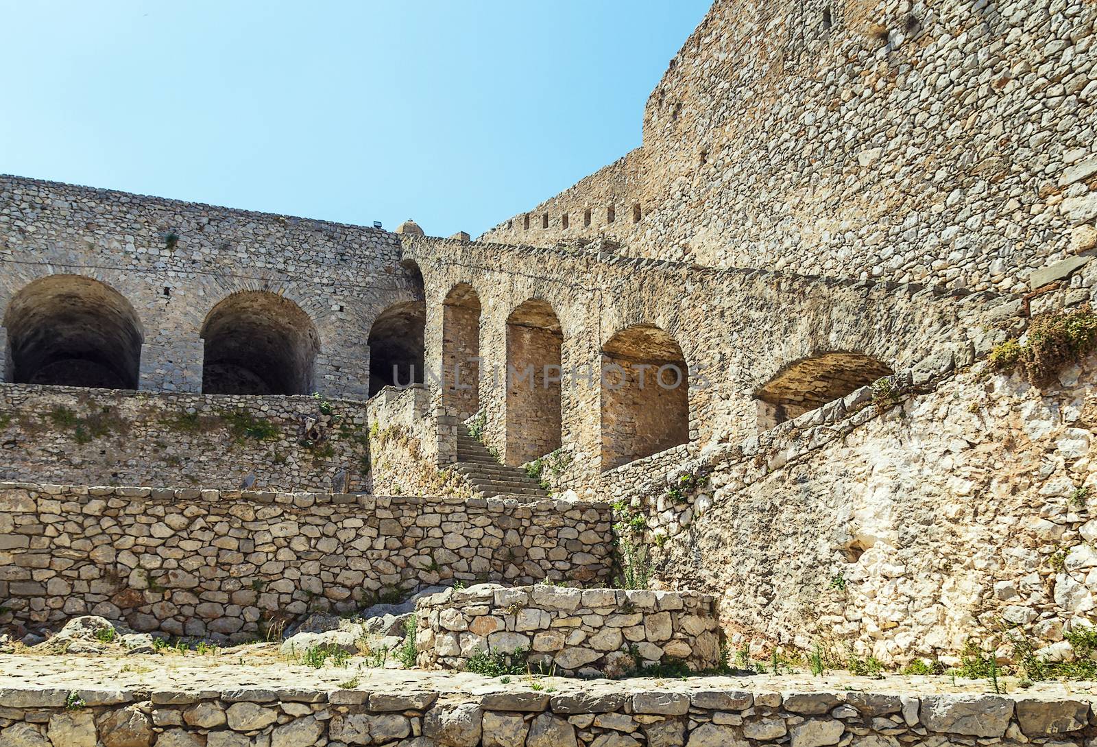 Palamidi is a fortress in the town of Nafplio in the Peloponnese, Greece. Nestled on the crest of a 216-metre high hill, the fortress was built by the Venetians 