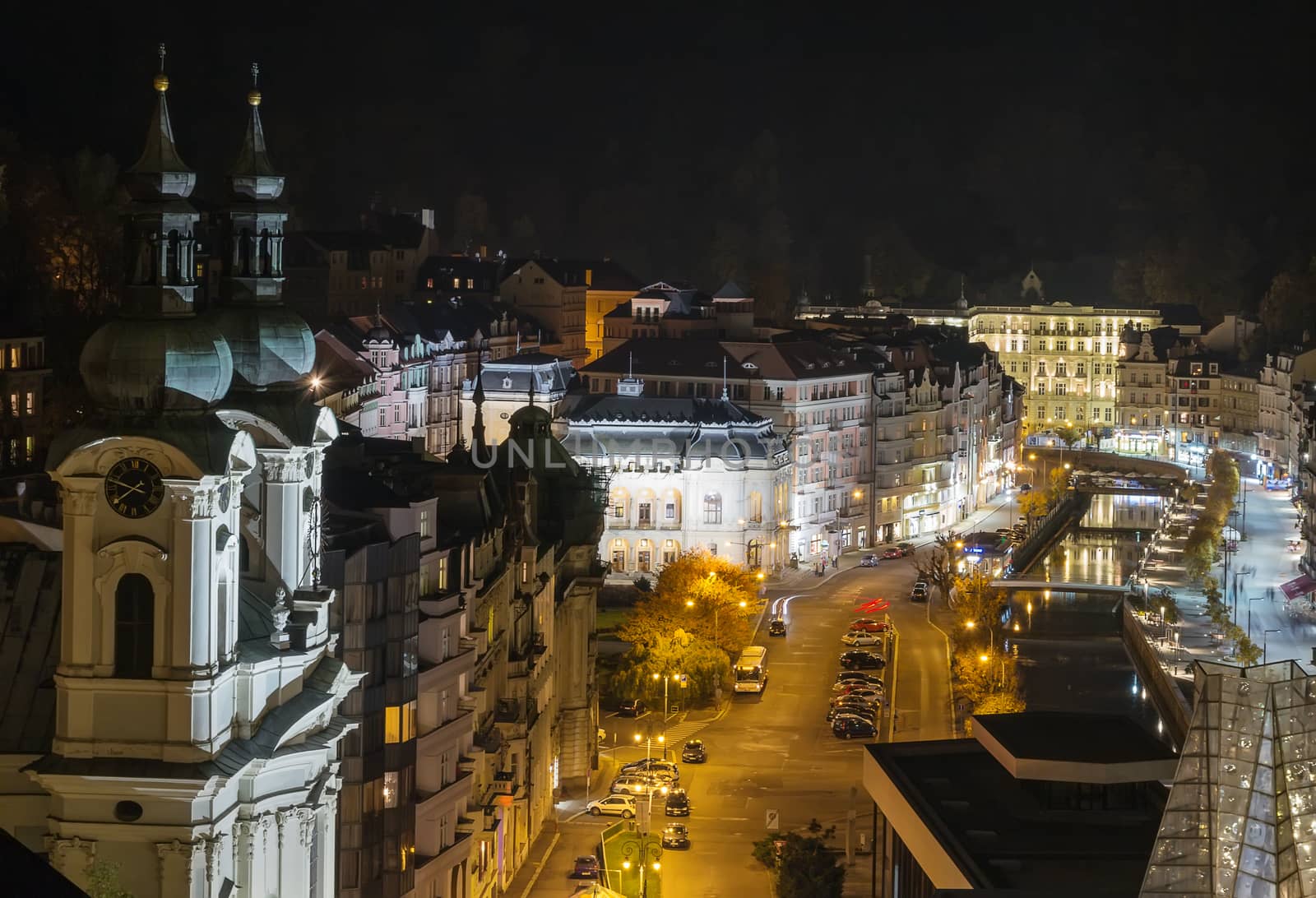 Panorama of Karlovy Vary center in evening light