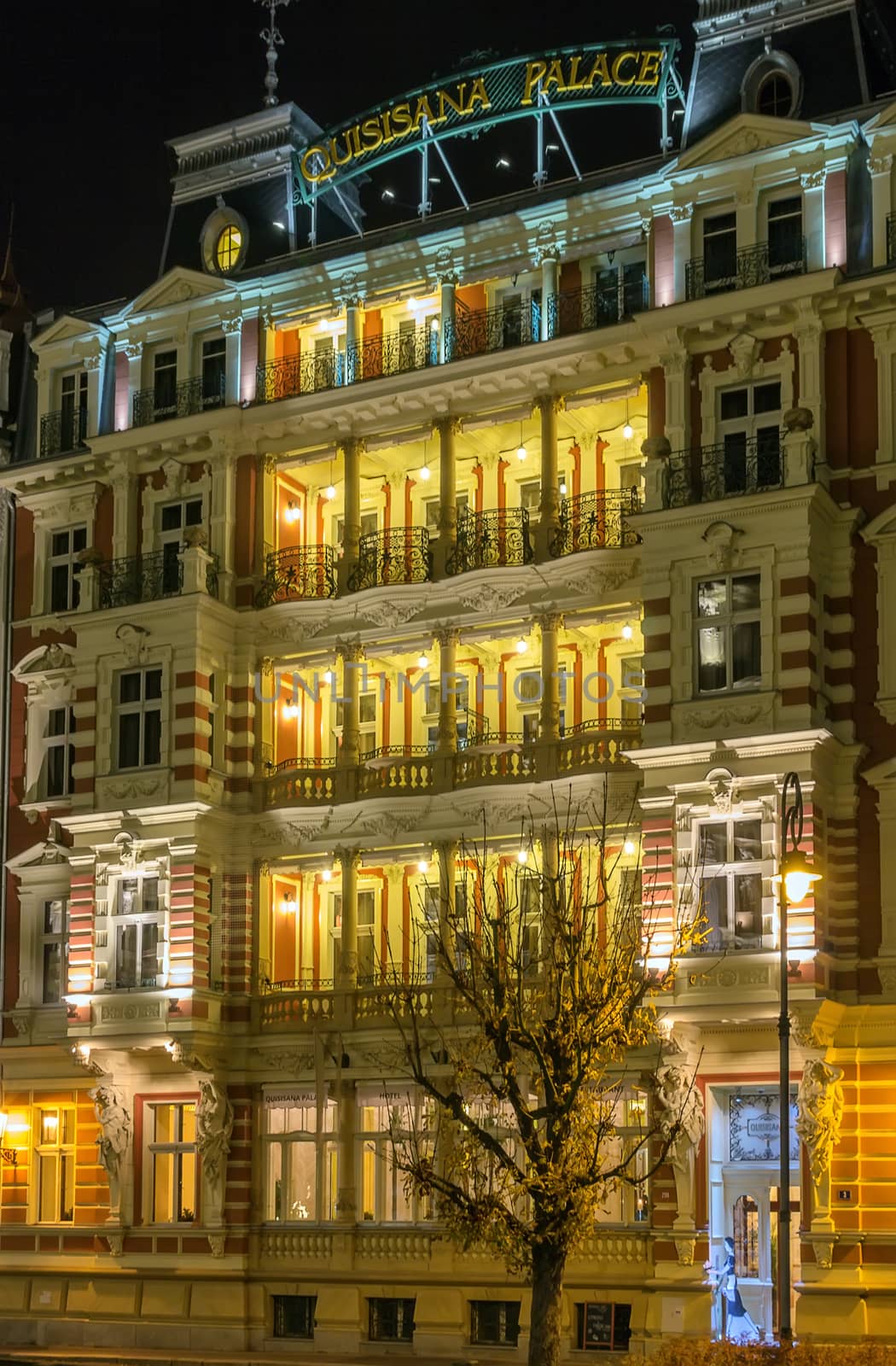 One of hotels in the centre of Karlovy Vary in the evening