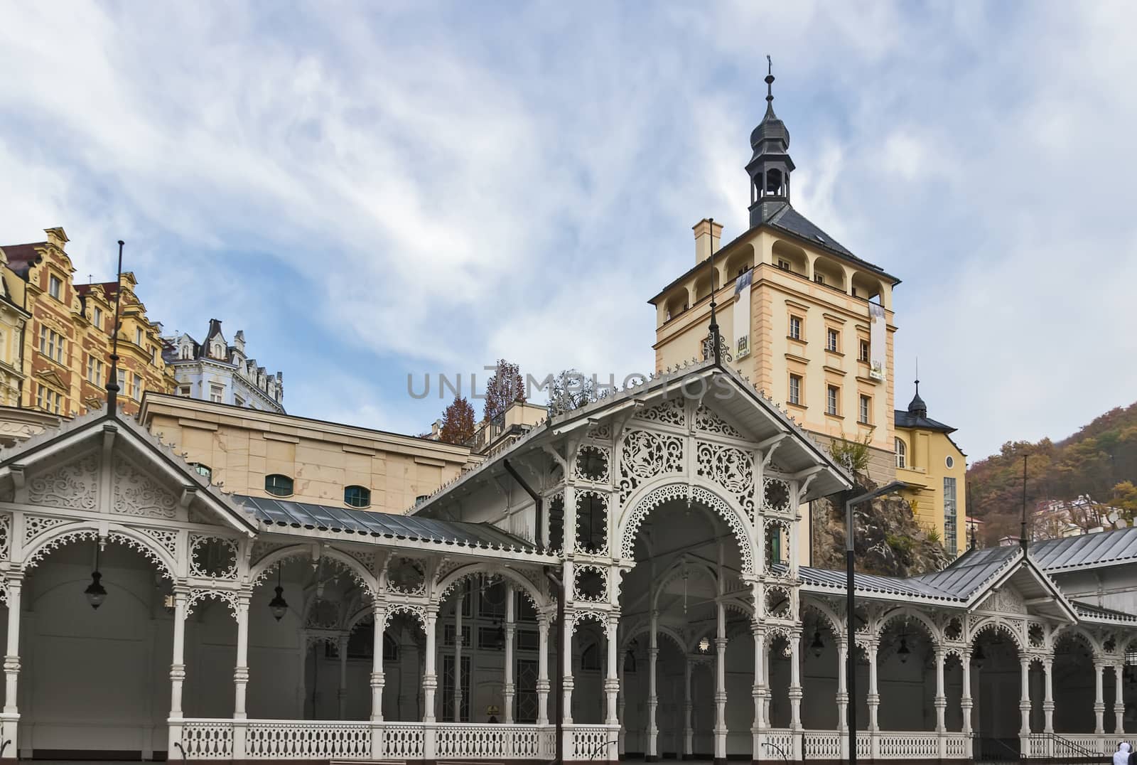 View of Market Colonnade and Castle Tower in the historical center of Karlovy Vary