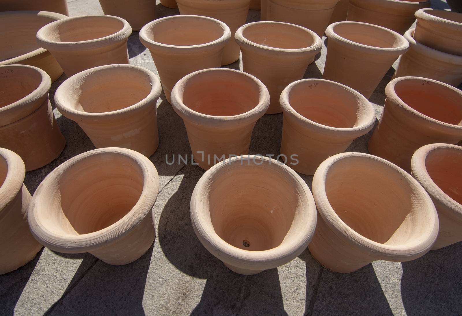 Nice newly made terracotta earthenware pots from above in Mallorca, Spain.