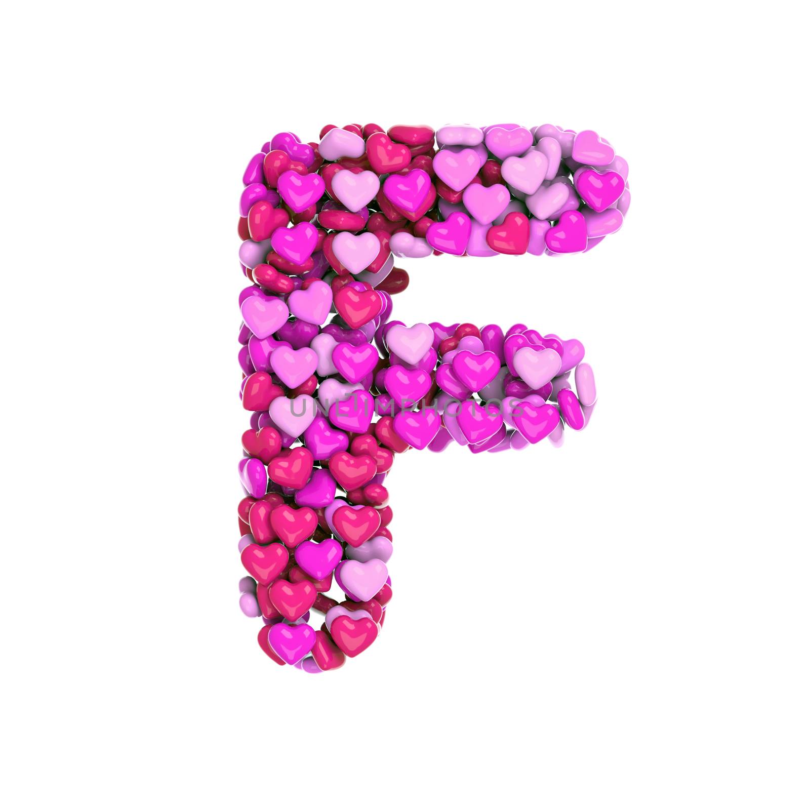 Valentine letter F - Capital 3d pink hearts font isolated on white background. This alphabet is perfect for creative illustrations related but not limited to Love, passion, wedding...