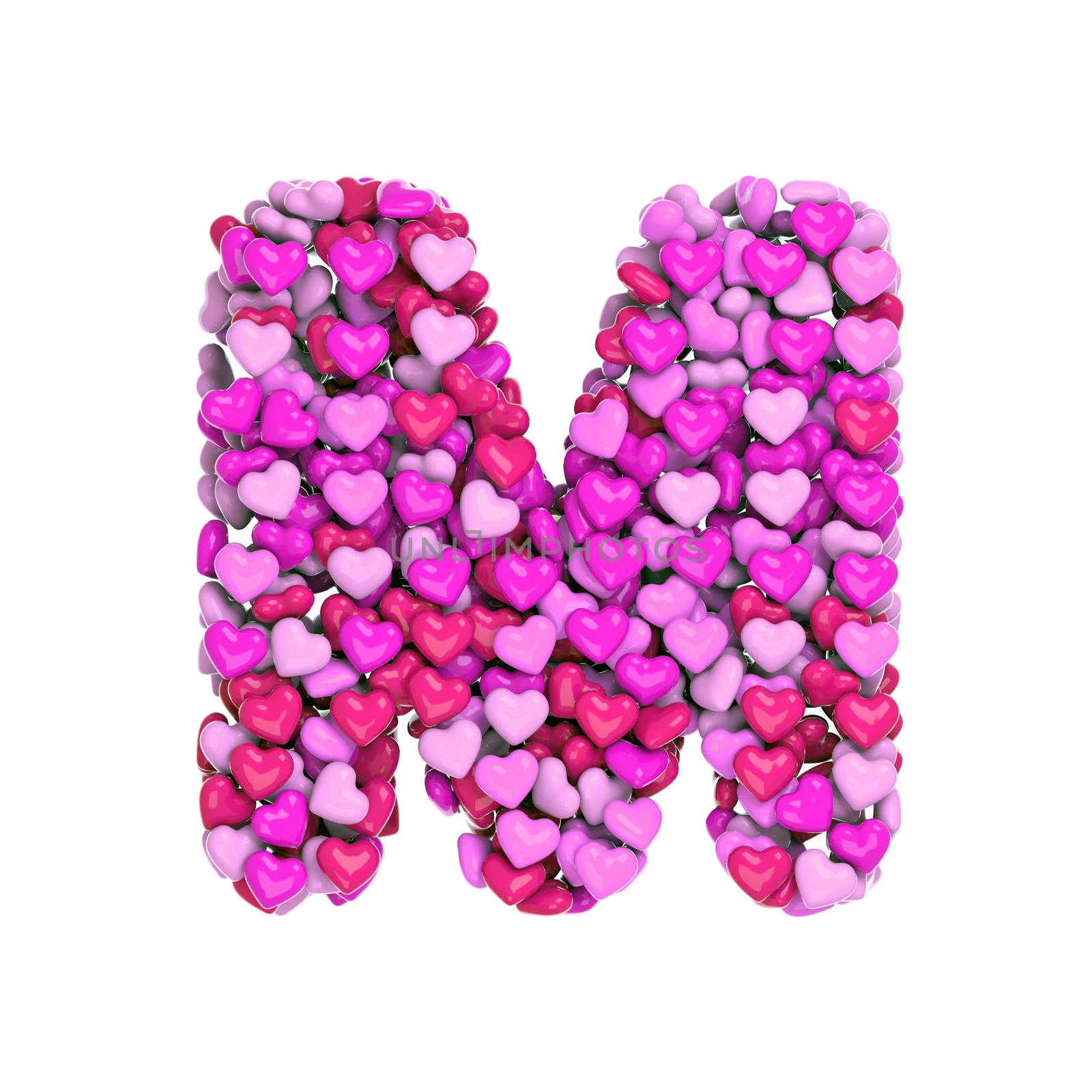 Valentine letter M - Upper-case 3d pink hearts font isolated on white background. This alphabet is perfect for creative illustrations related but not limited to Love, passion, wedding...