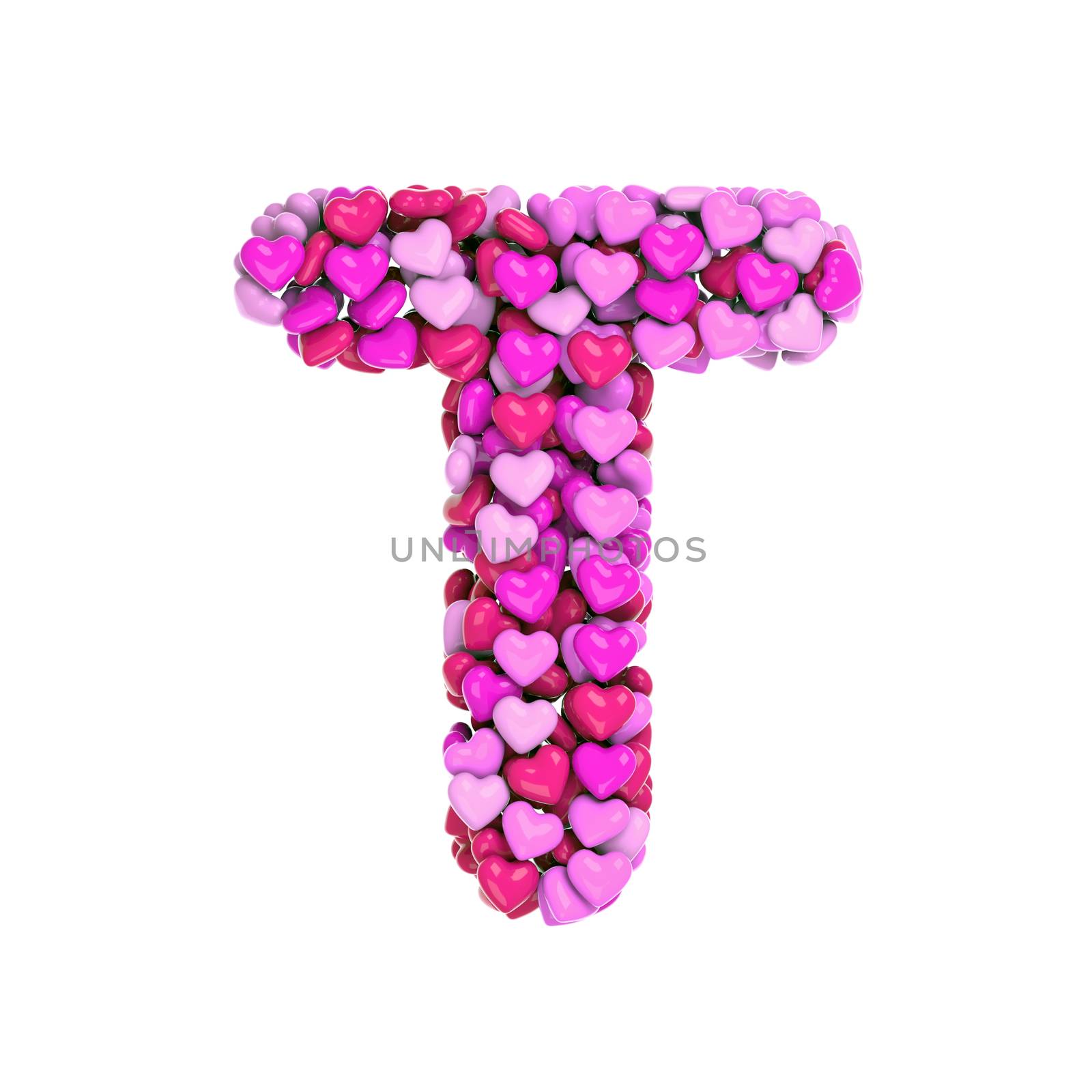 Valentine letter T - Capital 3d pink hearts font isolated on white background. This alphabet is perfect for creative illustrations related but not limited to Love, passion, wedding...