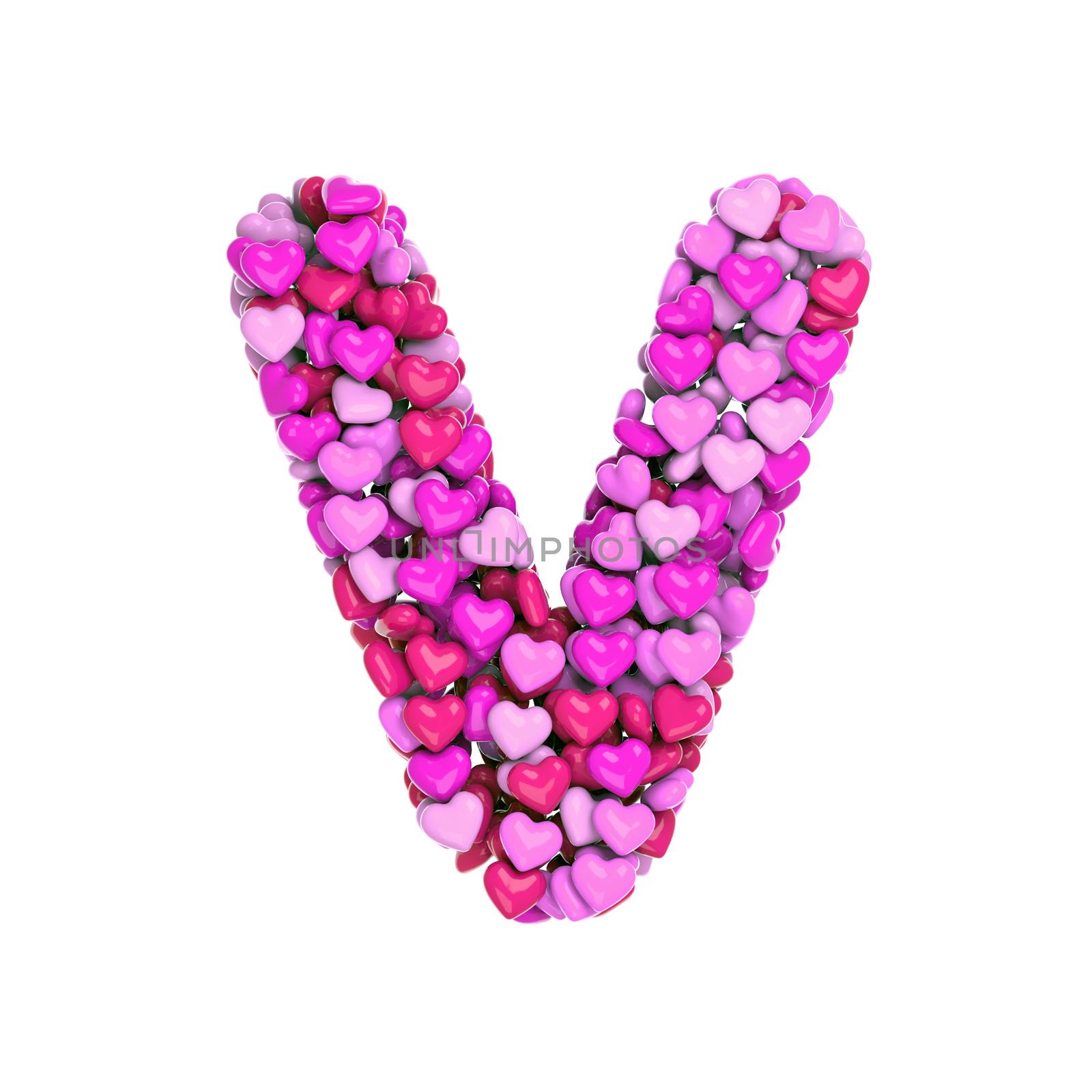 Valentine letter V - Upper-case 3d pink hearts font isolated on white background. This alphabet is perfect for creative illustrations related but not limited to Love, passion, wedding...