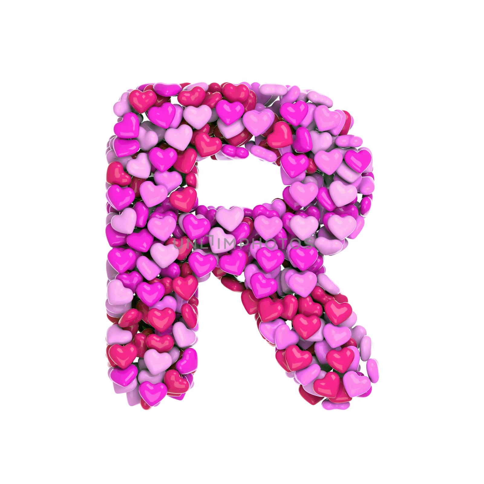 Valentine letter R - Capital 3d pink hearts font isolated on white background. This alphabet is perfect for creative illustrations related but not limited to Love, passion, wedding...
