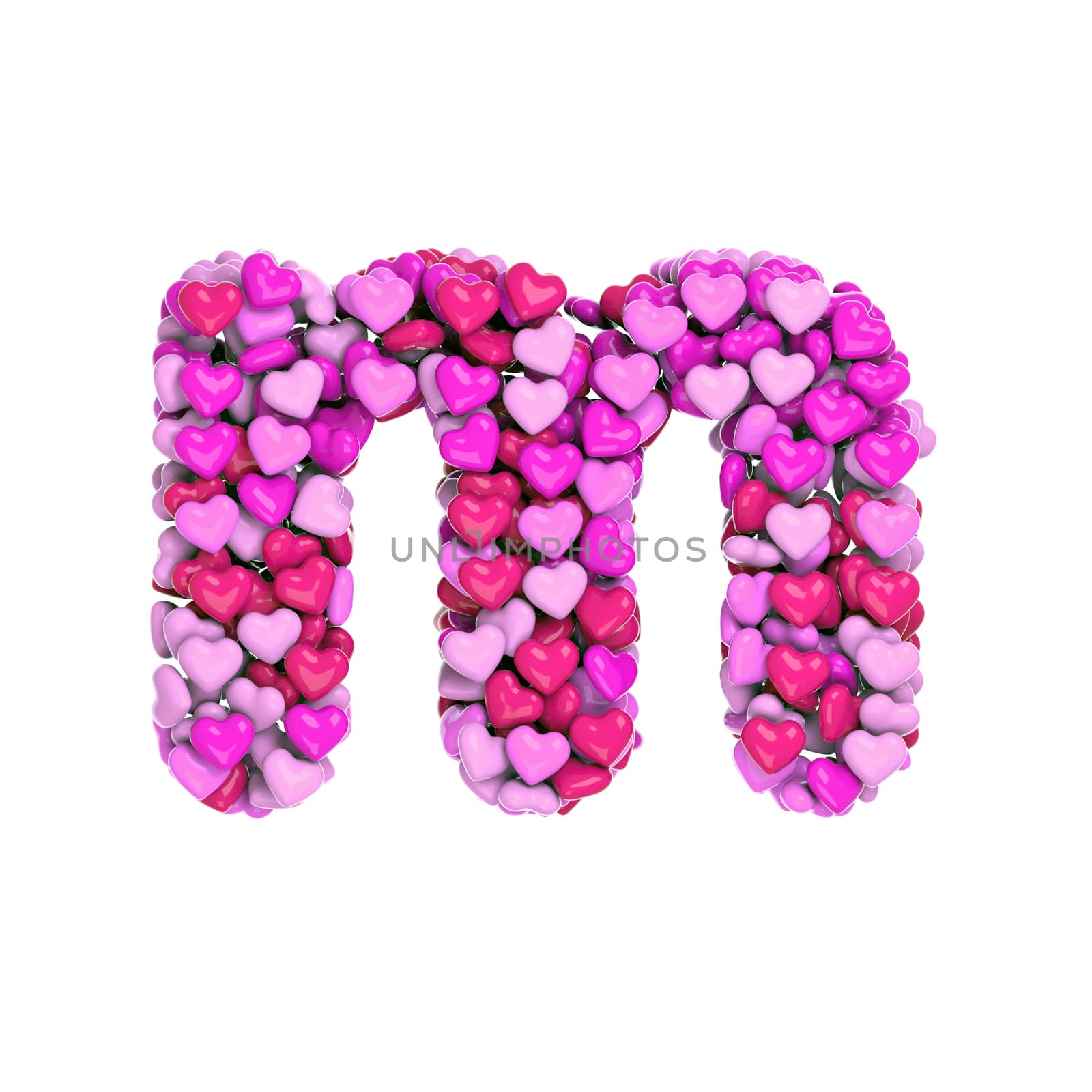 Valentine letter M - Small 3d pink hearts font isolated on white background. This alphabet is perfect for creative illustrations related but not limited to Love, passion, wedding...