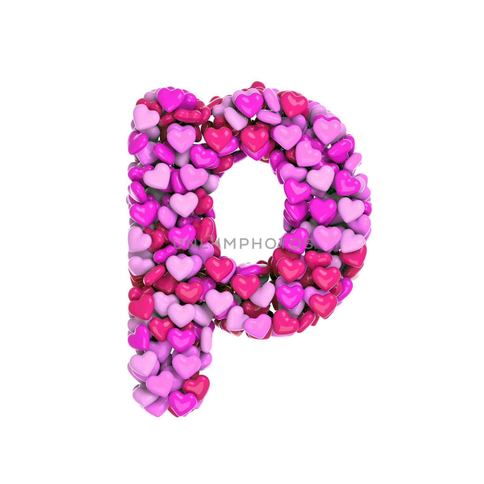 Valentine letter P - Small 3d pink hearts font isolated on white background. This alphabet is perfect for creative illustrations related but not limited to Love, passion, wedding...