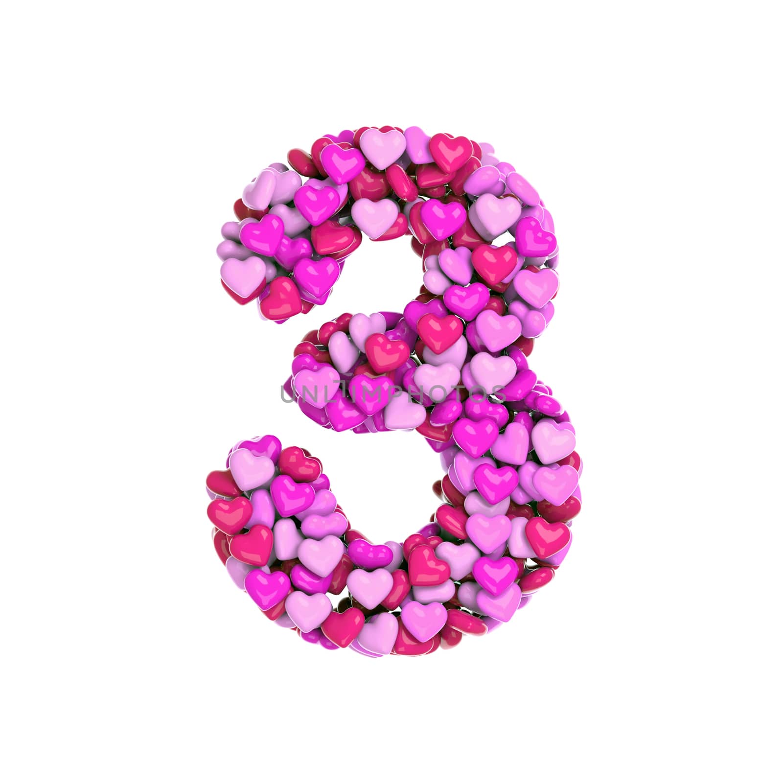 Valentine number 3 -  3d pink hearts digit - Love, passion or wedding concept by chrisroll