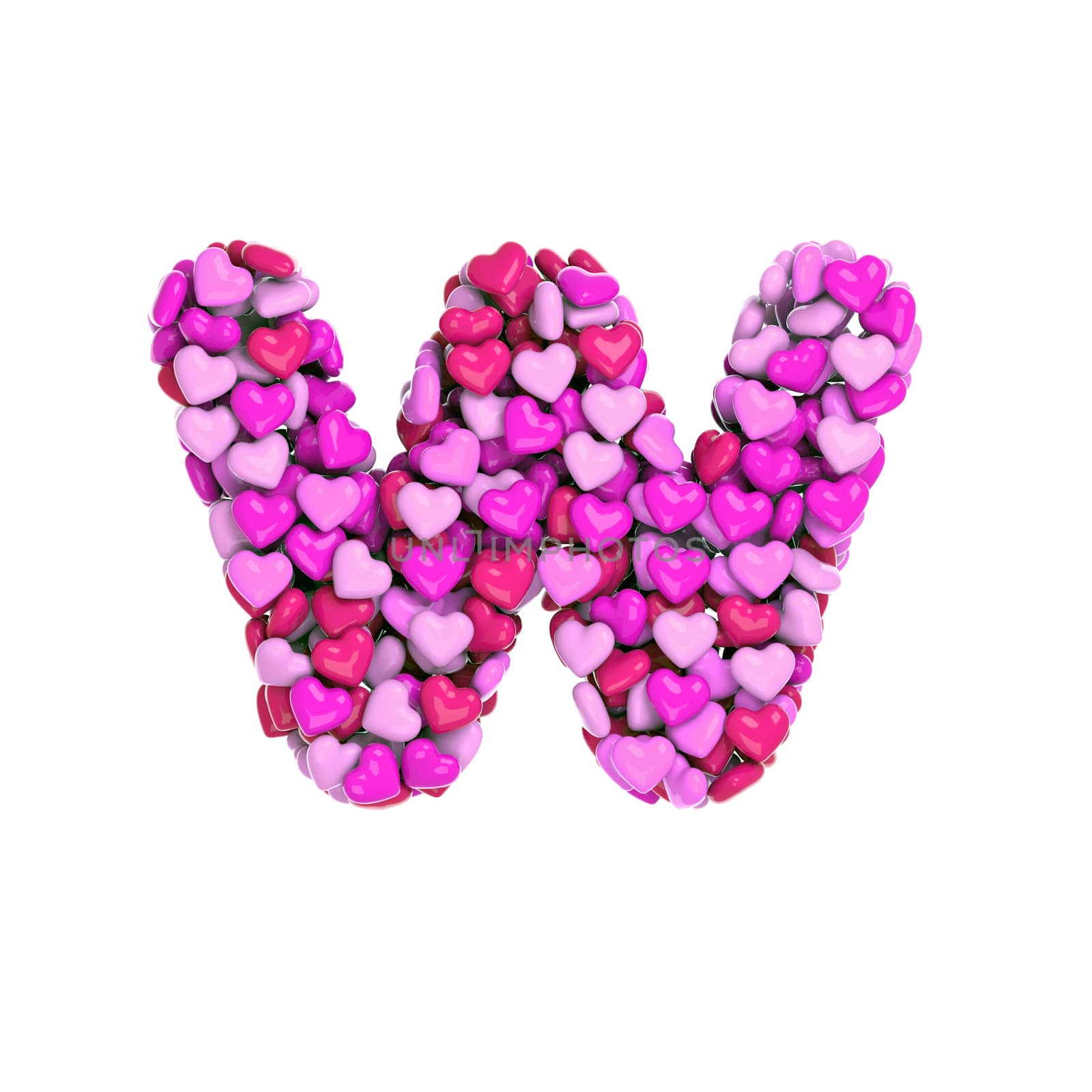 Valentine letter W - Lower-case 3d pink hearts font isolated on white background. This alphabet is perfect for creative illustrations related but not limited to Love, passion, wedding...