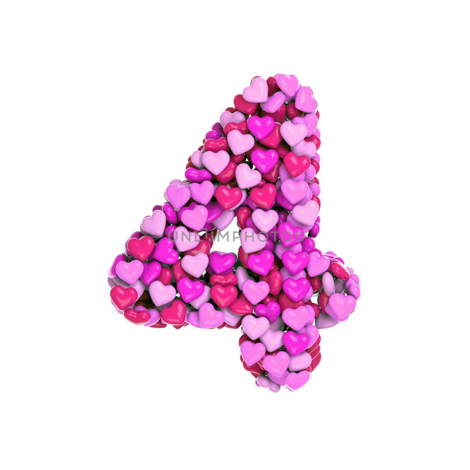 Valentine number 4 - 3d pink hearts digit isolated on white background. This alphabet is perfect for creative illustrations related but not limited to Love, passion, wedding...