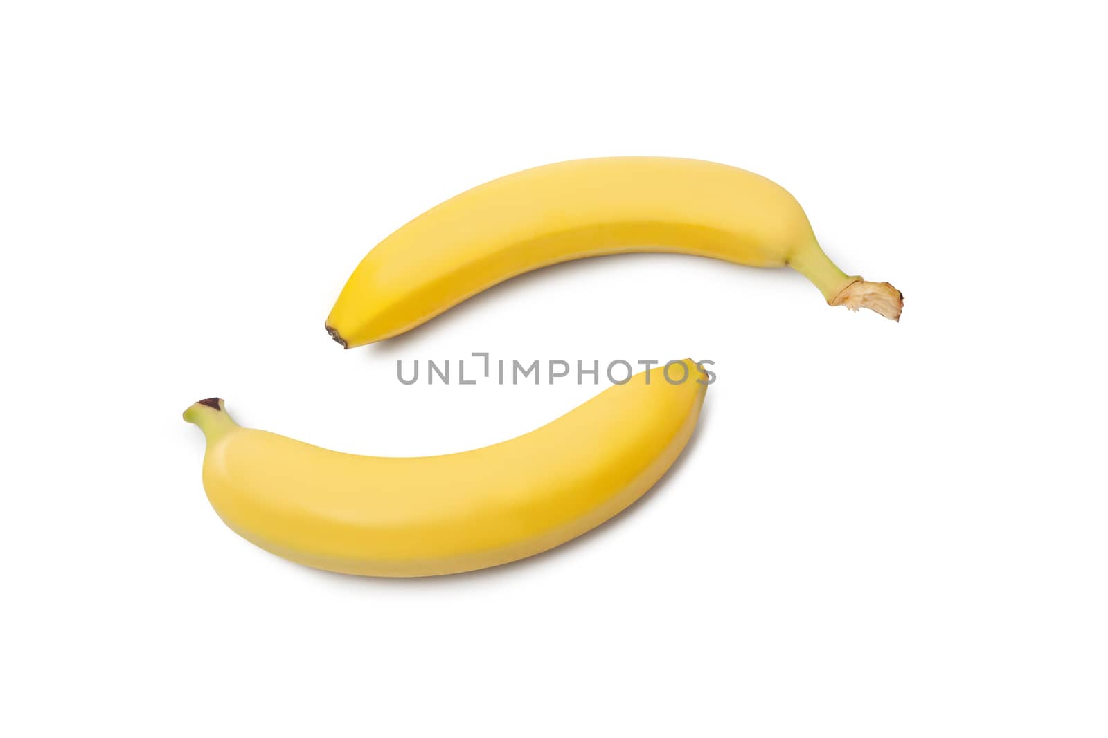 A close up of a couple of light yellow bananas isolated on white background. Refreshing and organic appetizing bananas. With Clipping Path