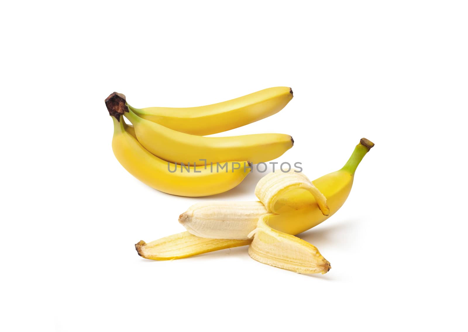 Bunch of bananas and Half peeled banana isolated on white background.