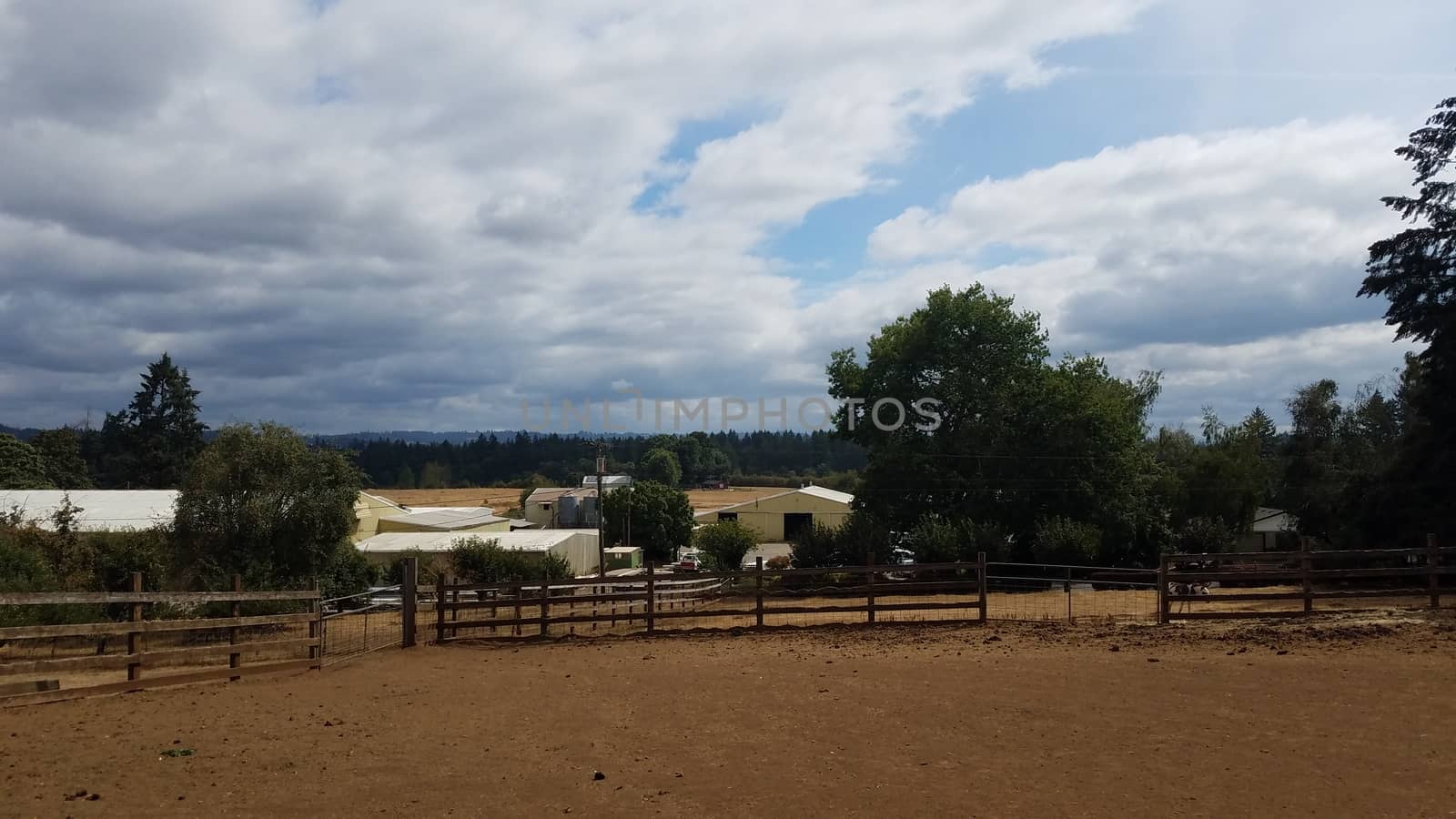 farm with dirt, fence, animal poop, and clouds by stockphotofan1