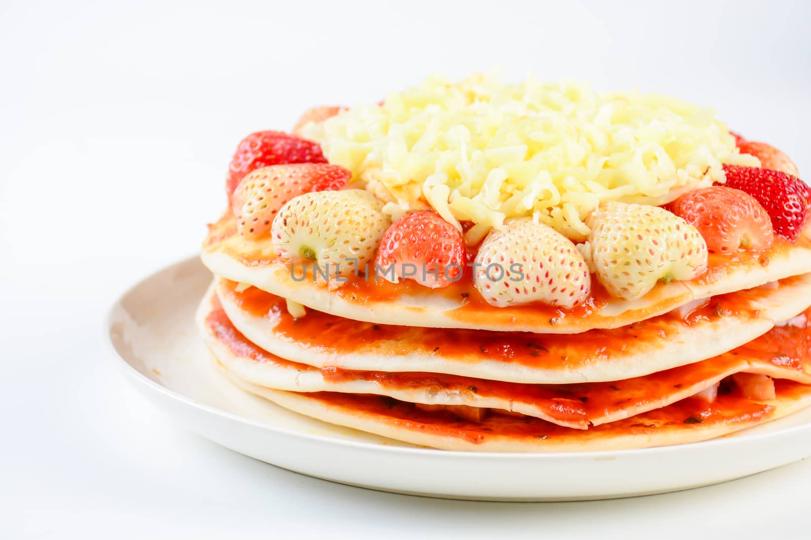 pizza with strawberry and cheeses, sweet pizza, layer cake pizza pn white background